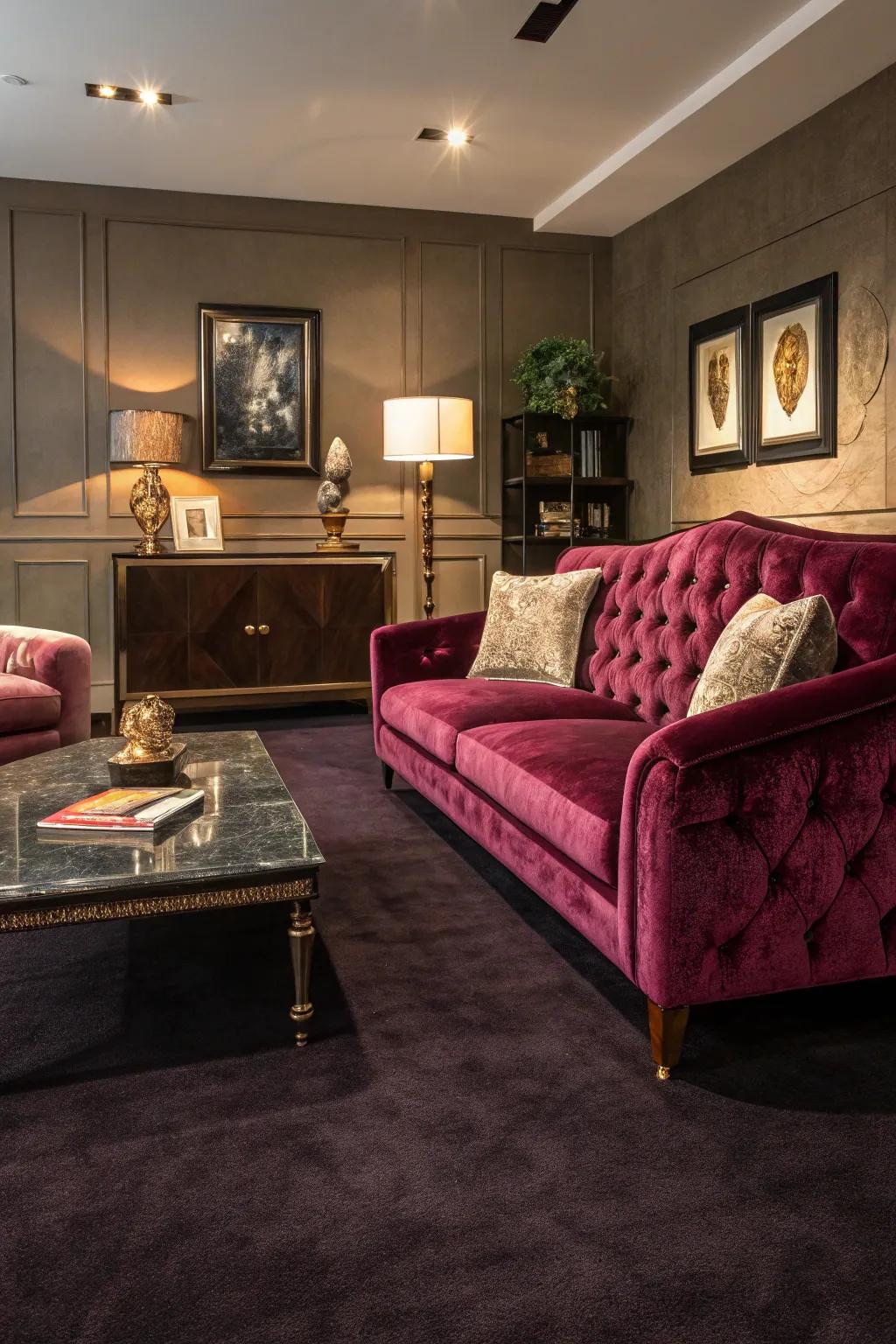 Lavish materials that amplify a deep-toned floor covering's elegance.