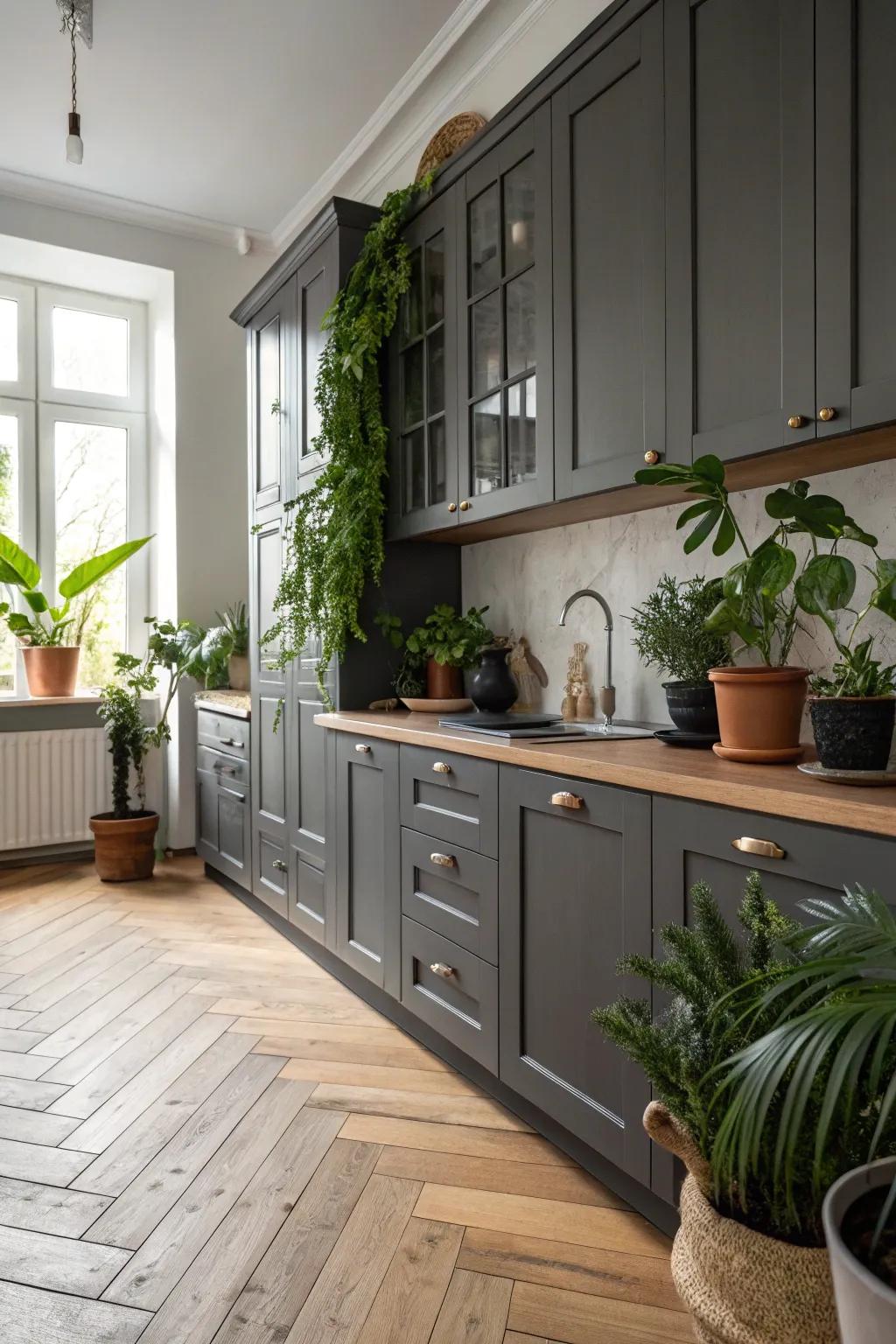 Natural elements complementing the deep charcoal cabinets for an inviting atmosphere.