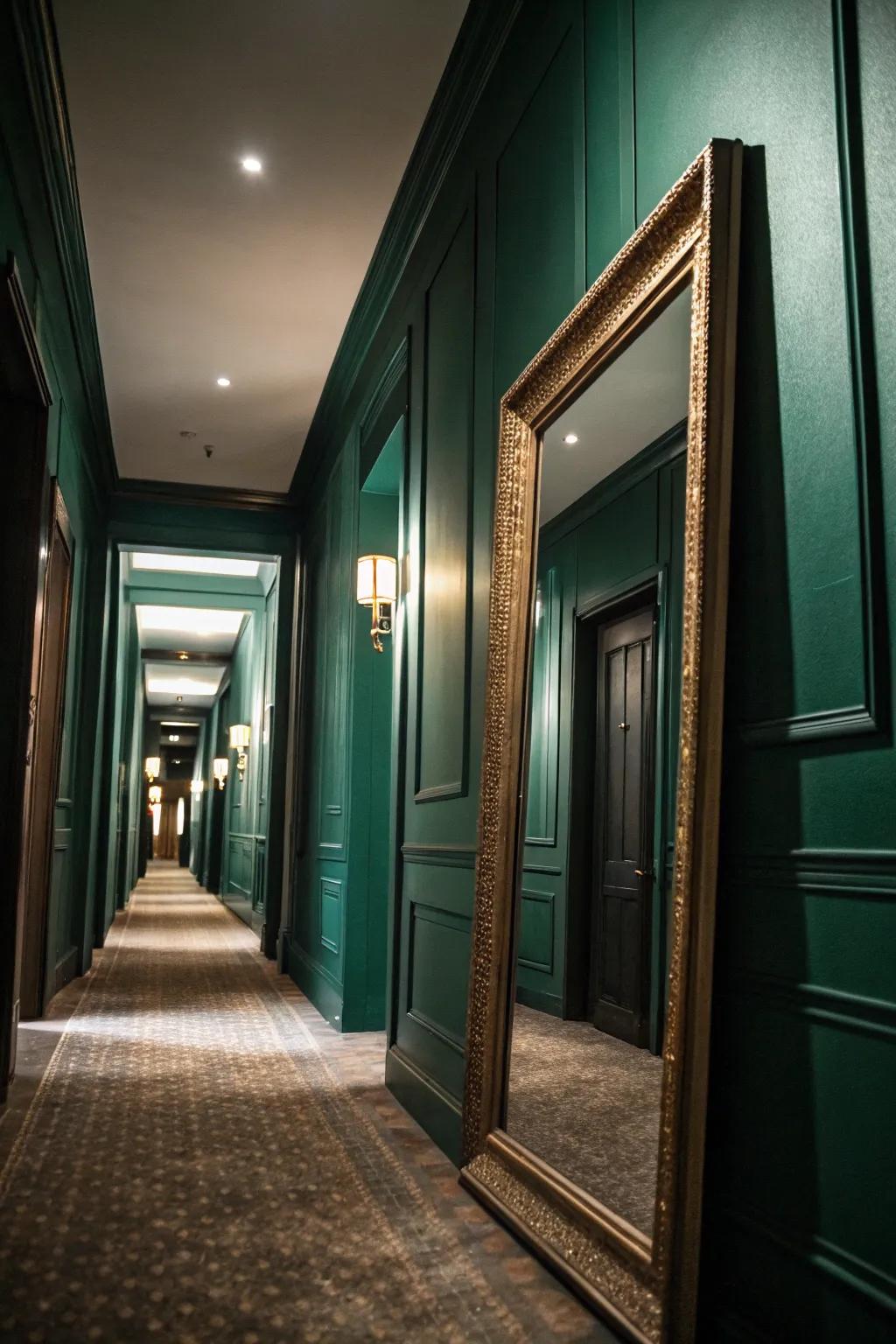 A mirror reflects light, enhancing the dark green hallway.