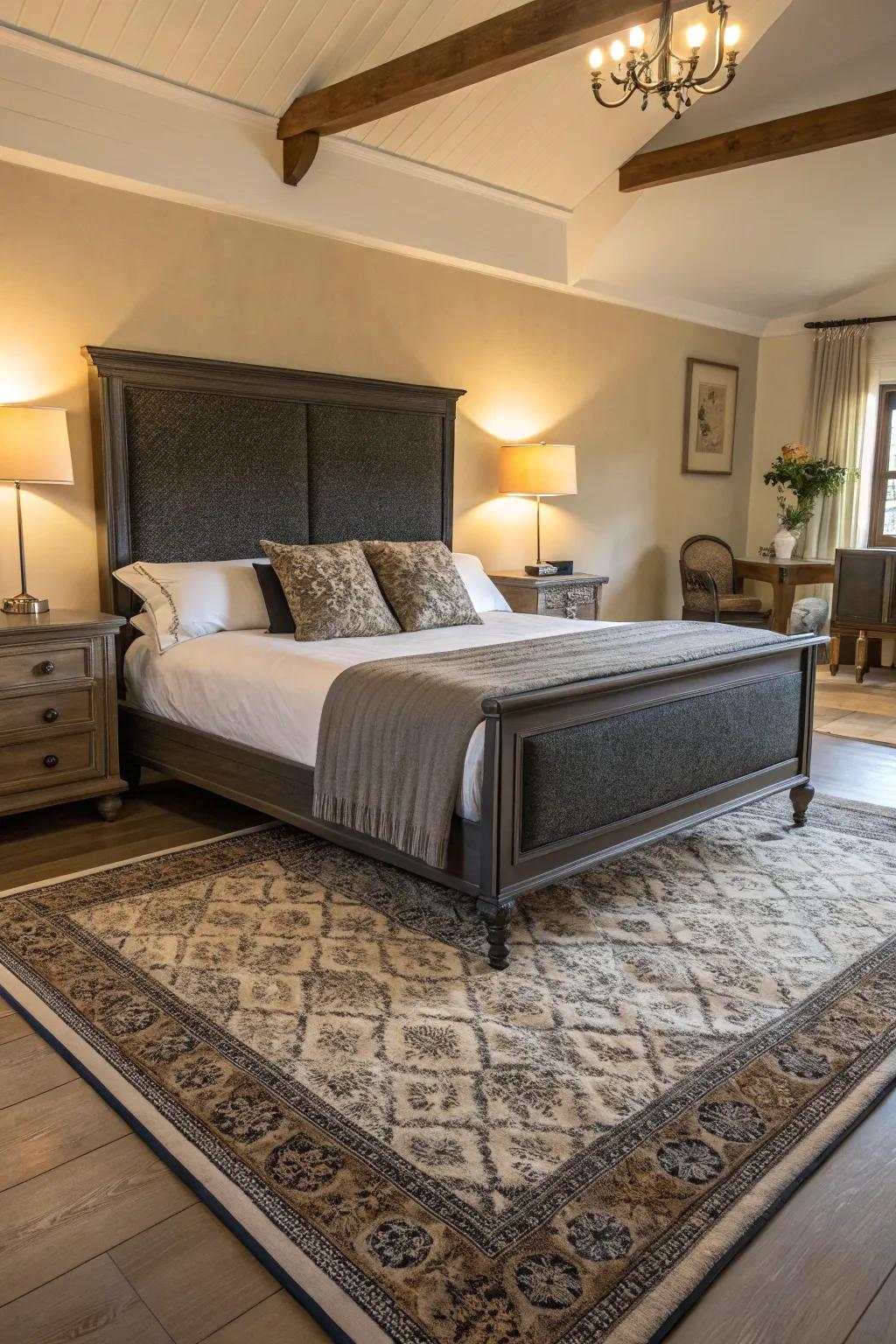 A deep charcoal bed frame is made more sophisticated by opulent accents.
