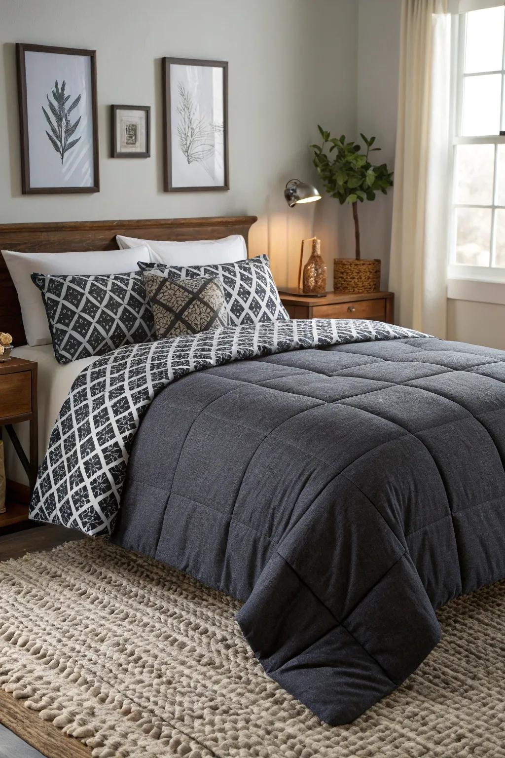 Dual-sided bedding provides adaptable style in your bedroom.