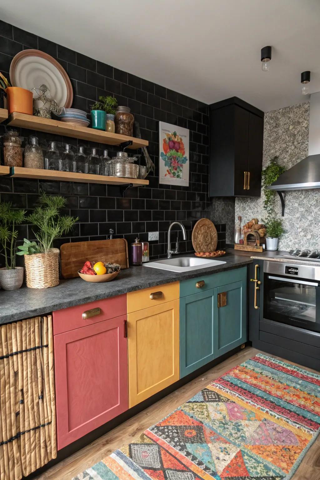 An eclectic kitchen featuring a mixed material dark backsplash for added depth.