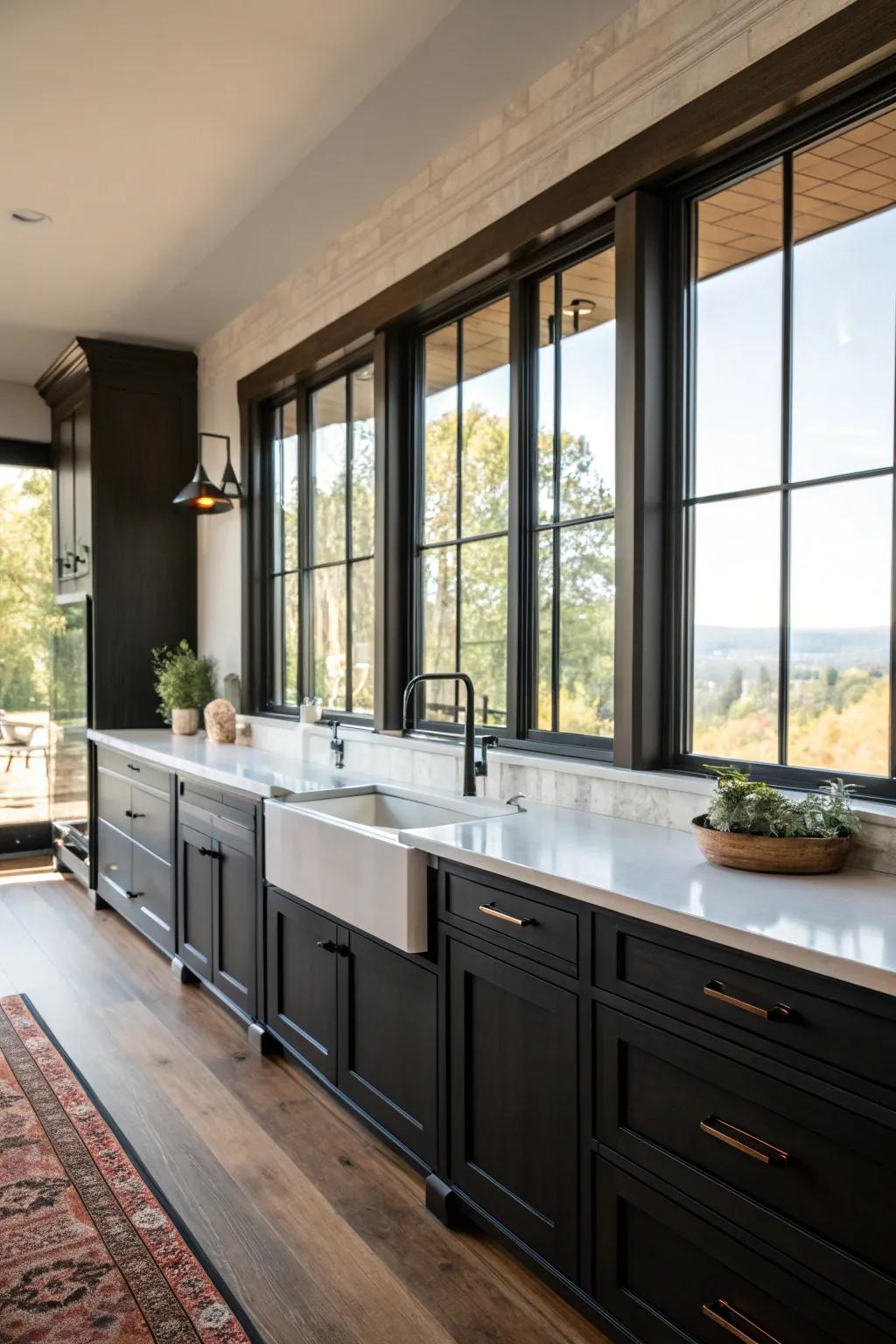 Natural light from large windows beautifully balances the dark cabinetry.