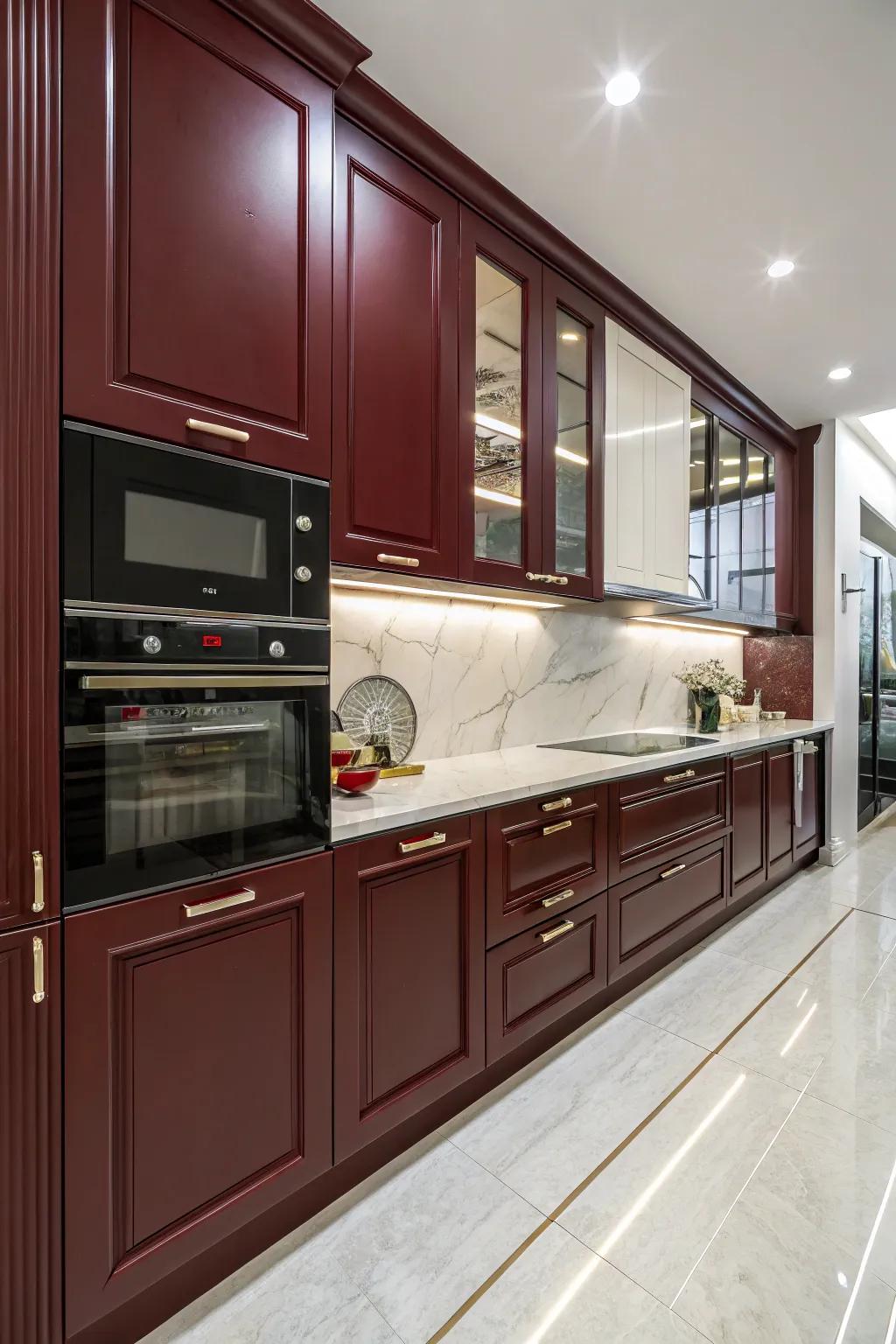 Dynamic kitchen with a mix of glossy and matte dark red cabinets.