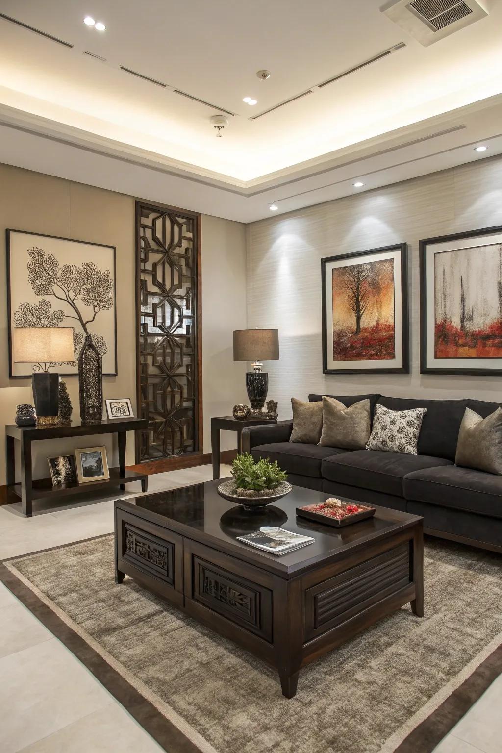 Modern artwork complements the elegance of deep-toned wood.