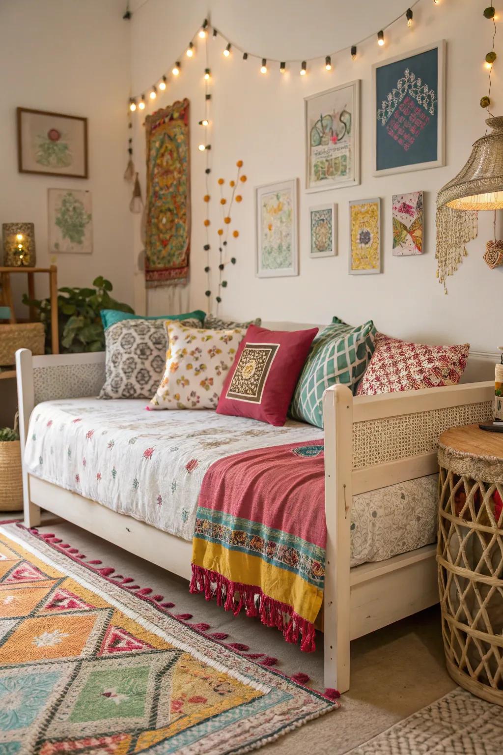 Unique mix of designs and hues featuring a daybed