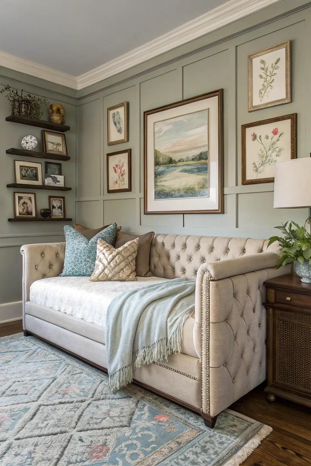 An upholstered daybed is great for achieving a timeless look.