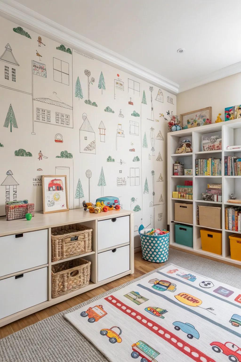 A daycare area with playful rack-themed wallpaper.