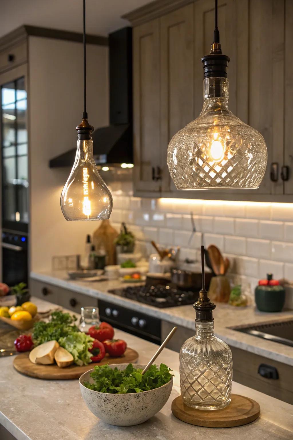 Unique hanging lights created from glass vessels.