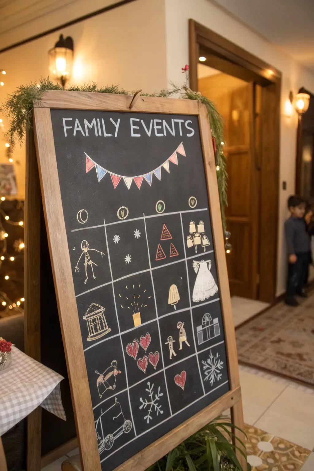 A tailored kin gathering-themed chalkboard calendar.