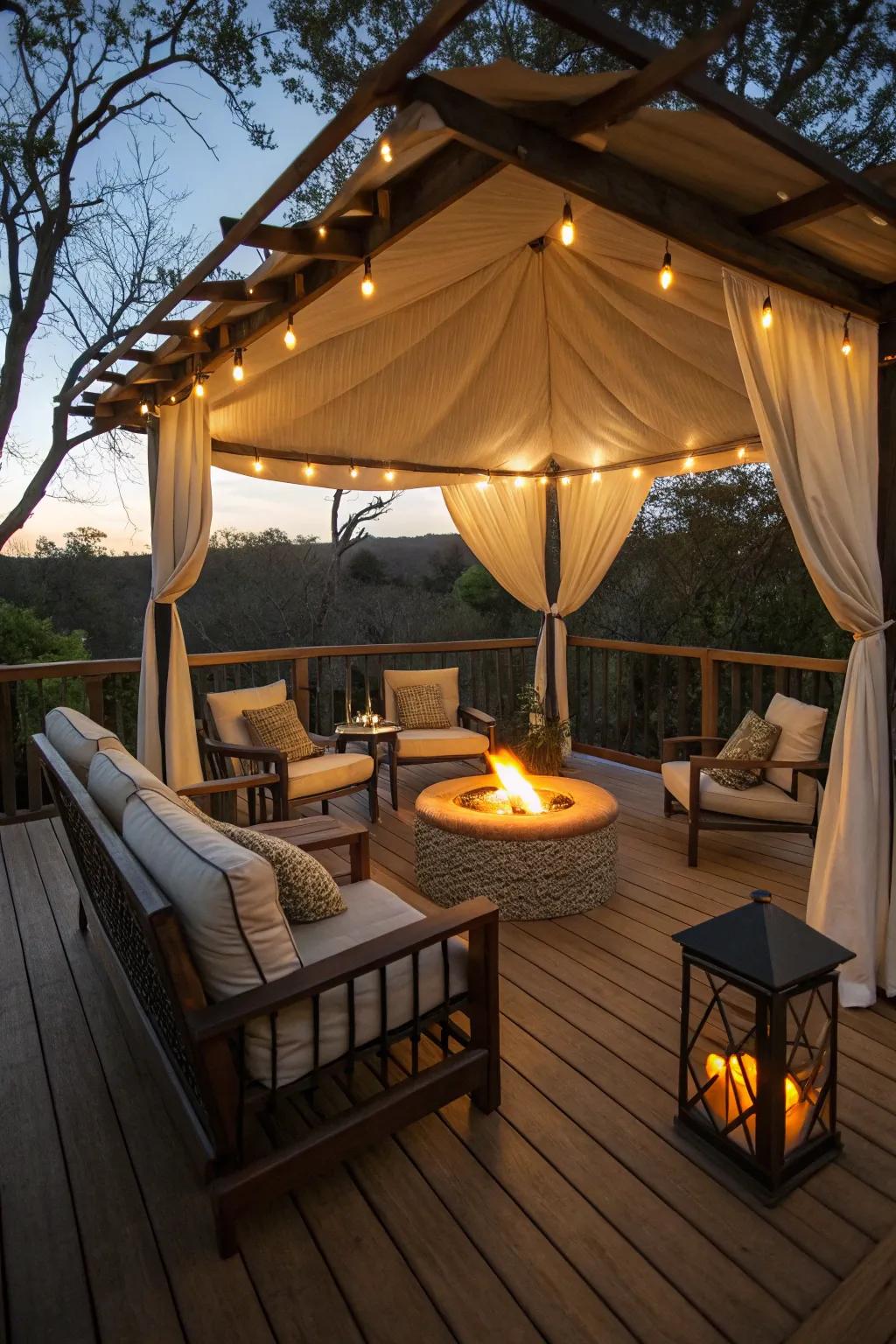 A fire pit under a covering provides warmth and air for cool nights.