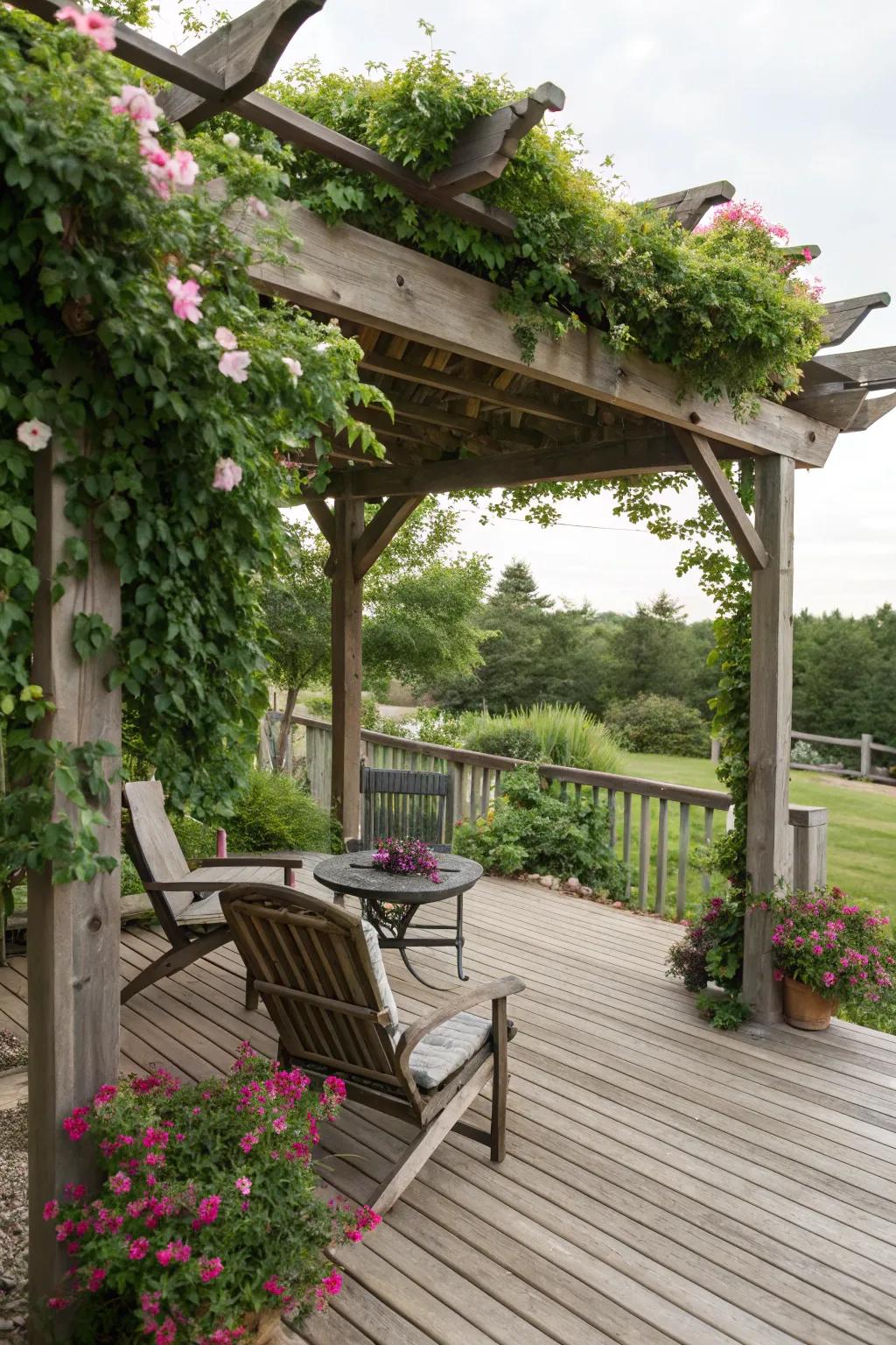 A structure adorned with greenery delivers shade and a natural touch to this deck.