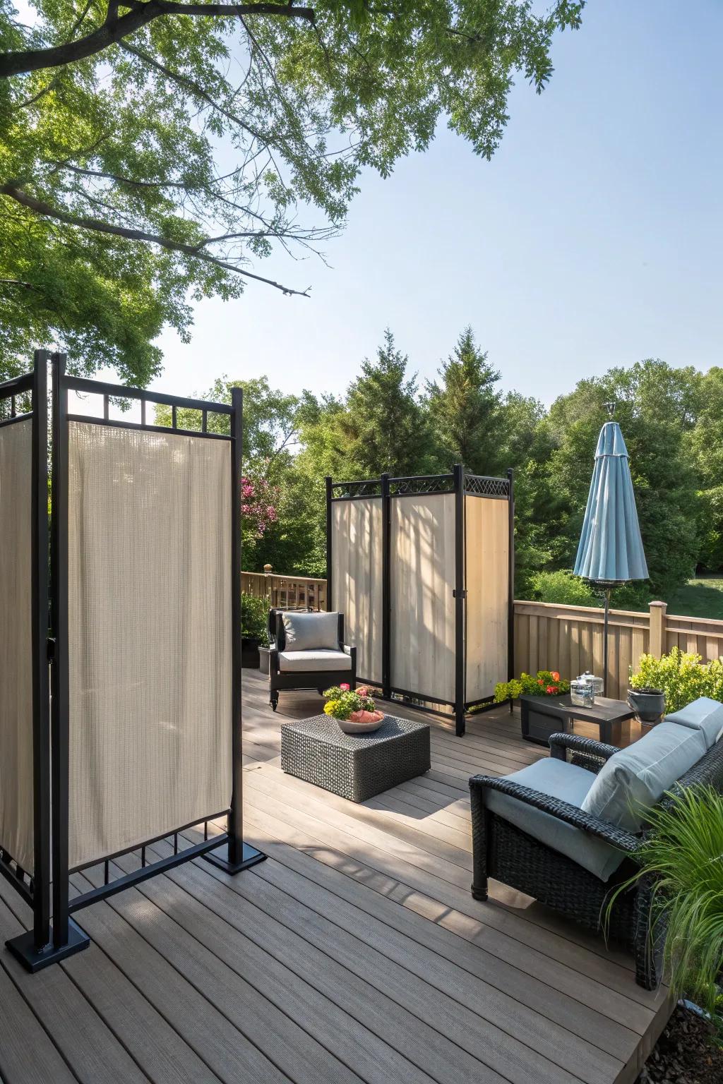 Adaptable privacy screens for flexible outdoor environments.