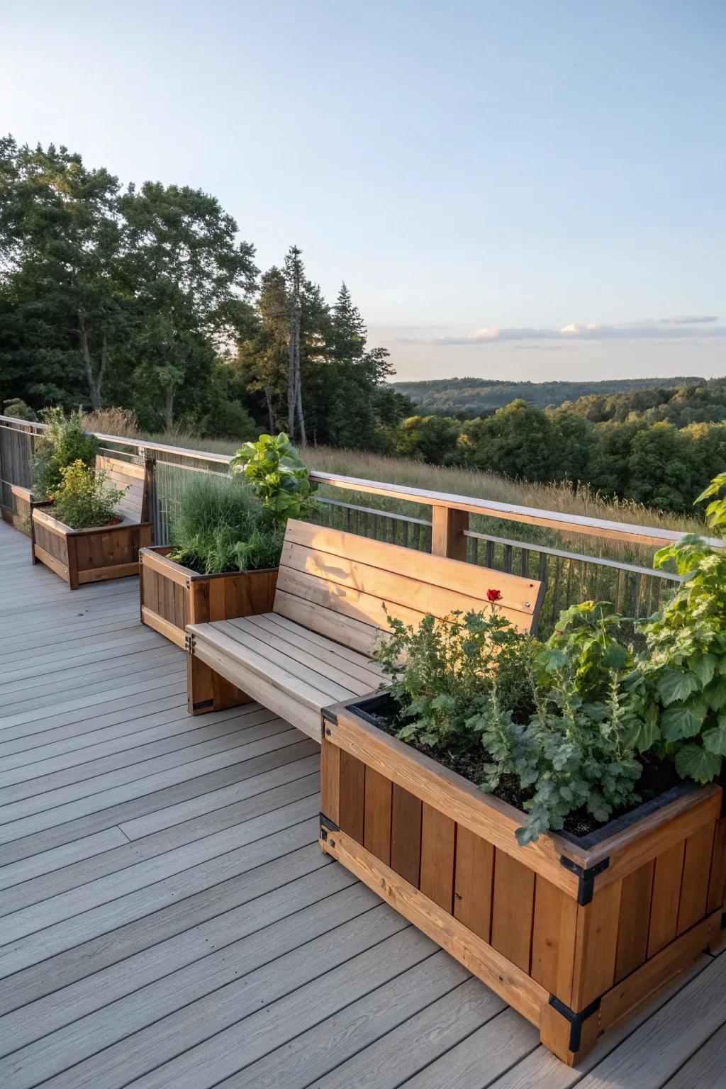Private retreat with high-back seats and planters.