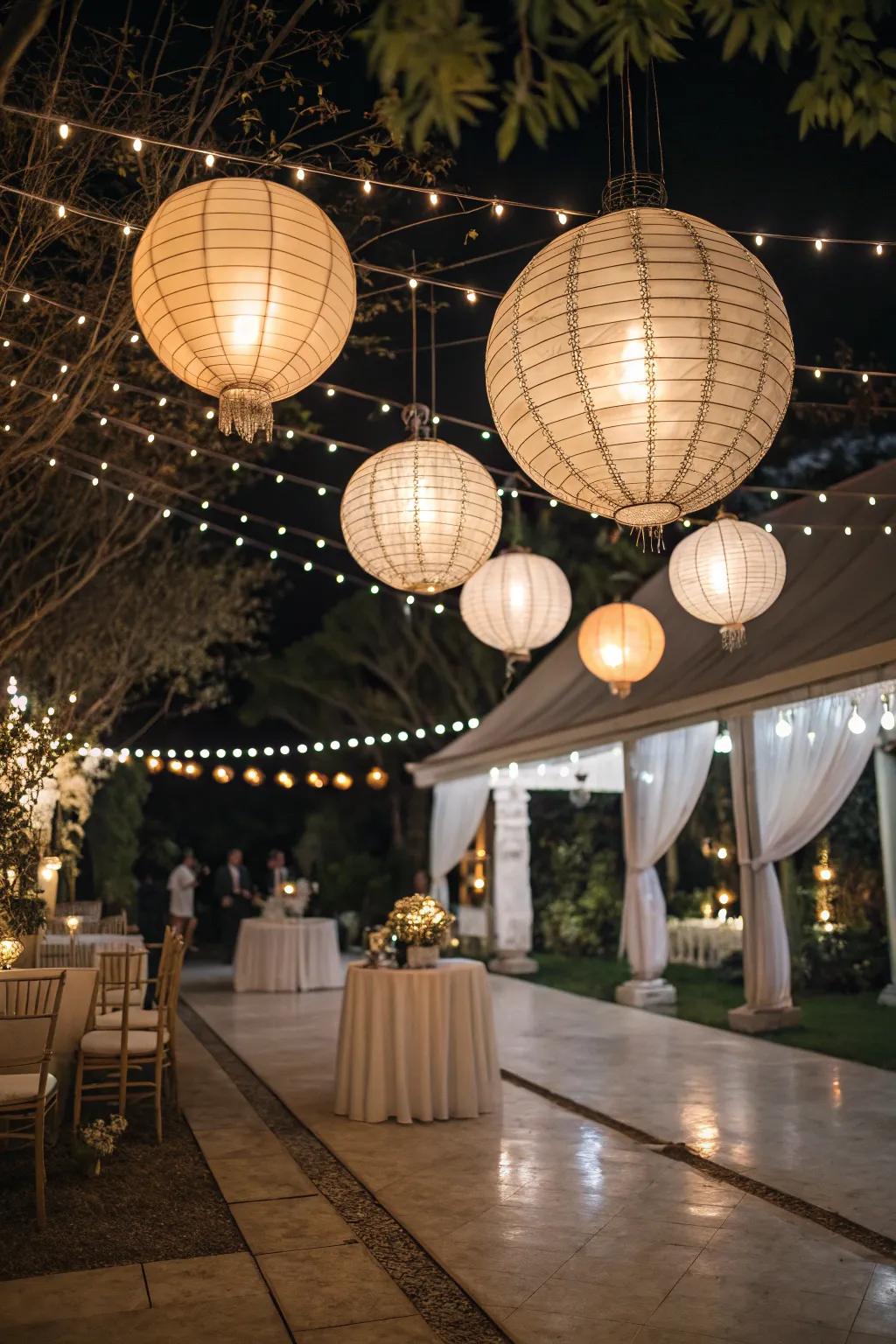Suspended lanterns bringing enchantment to a wedding setting.