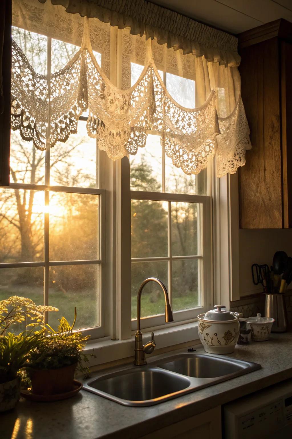 A top treatment made of lace brings elegance and allure to the kitchen.