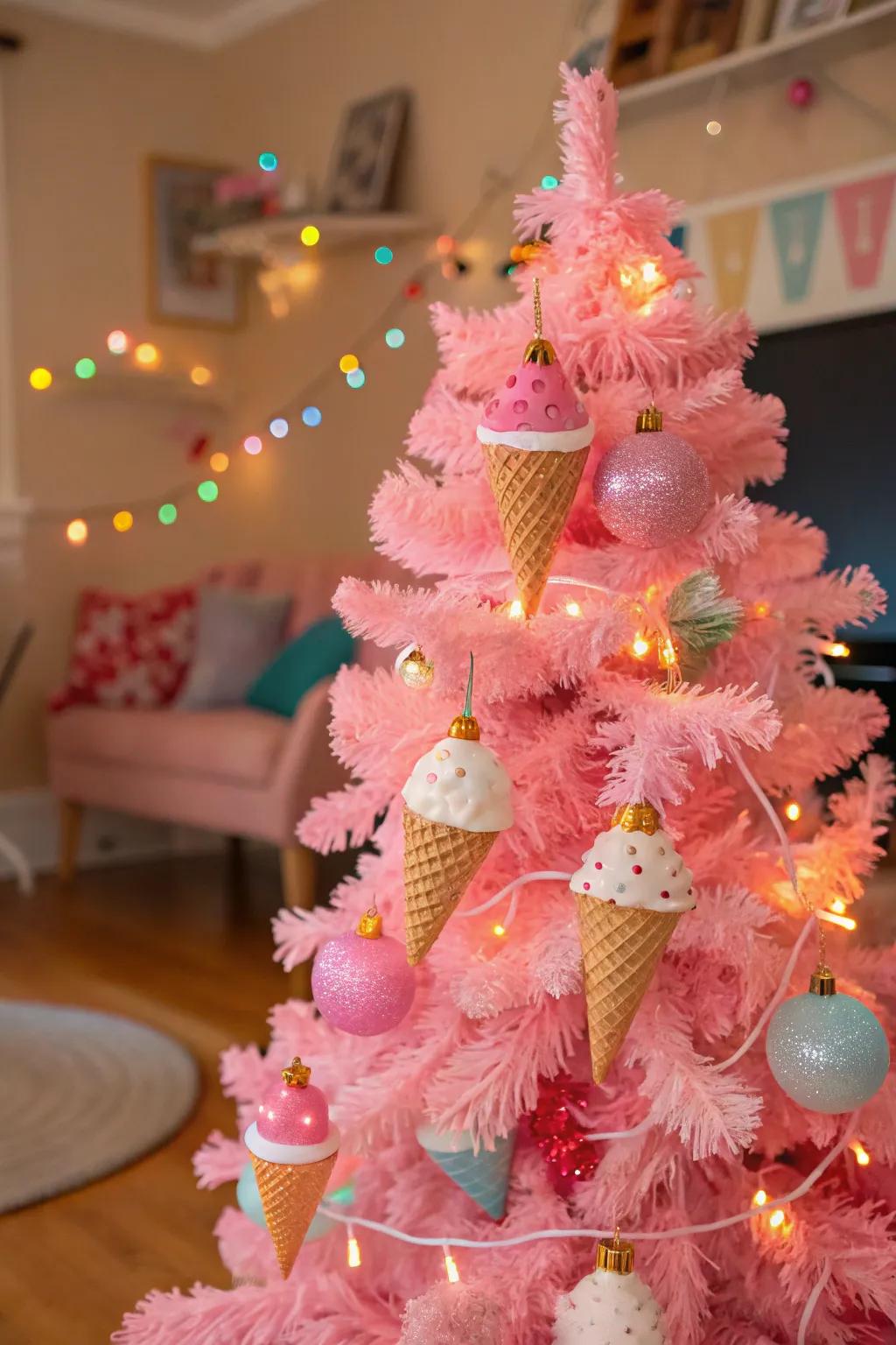 A delightful tree ornamented with ice cream dessert ornaments.