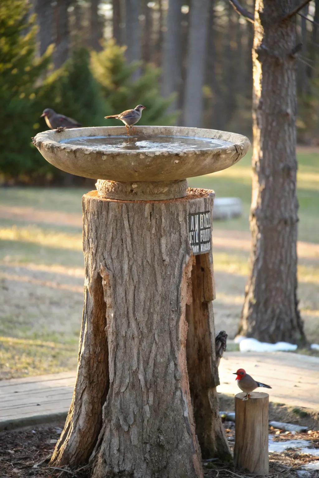 Lure birds with a tree-stump bird bath.
