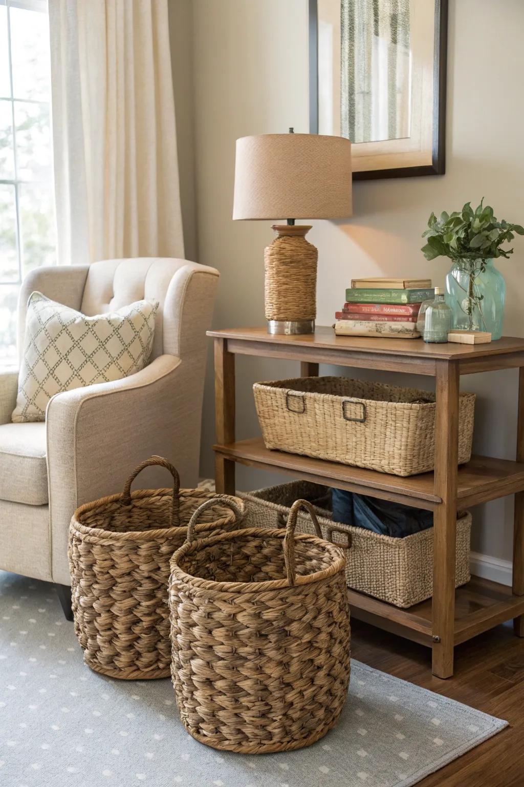 Ornamental baskets present fashionable storage options.