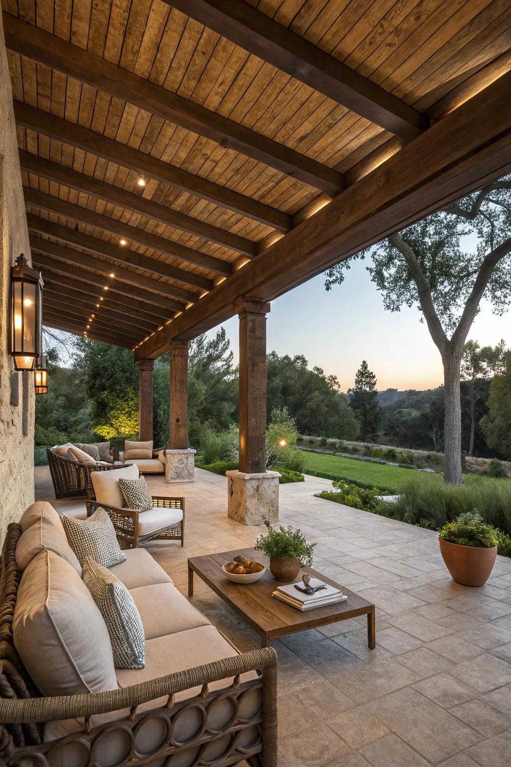 Wooden beams define this cozy outdoor patio area.