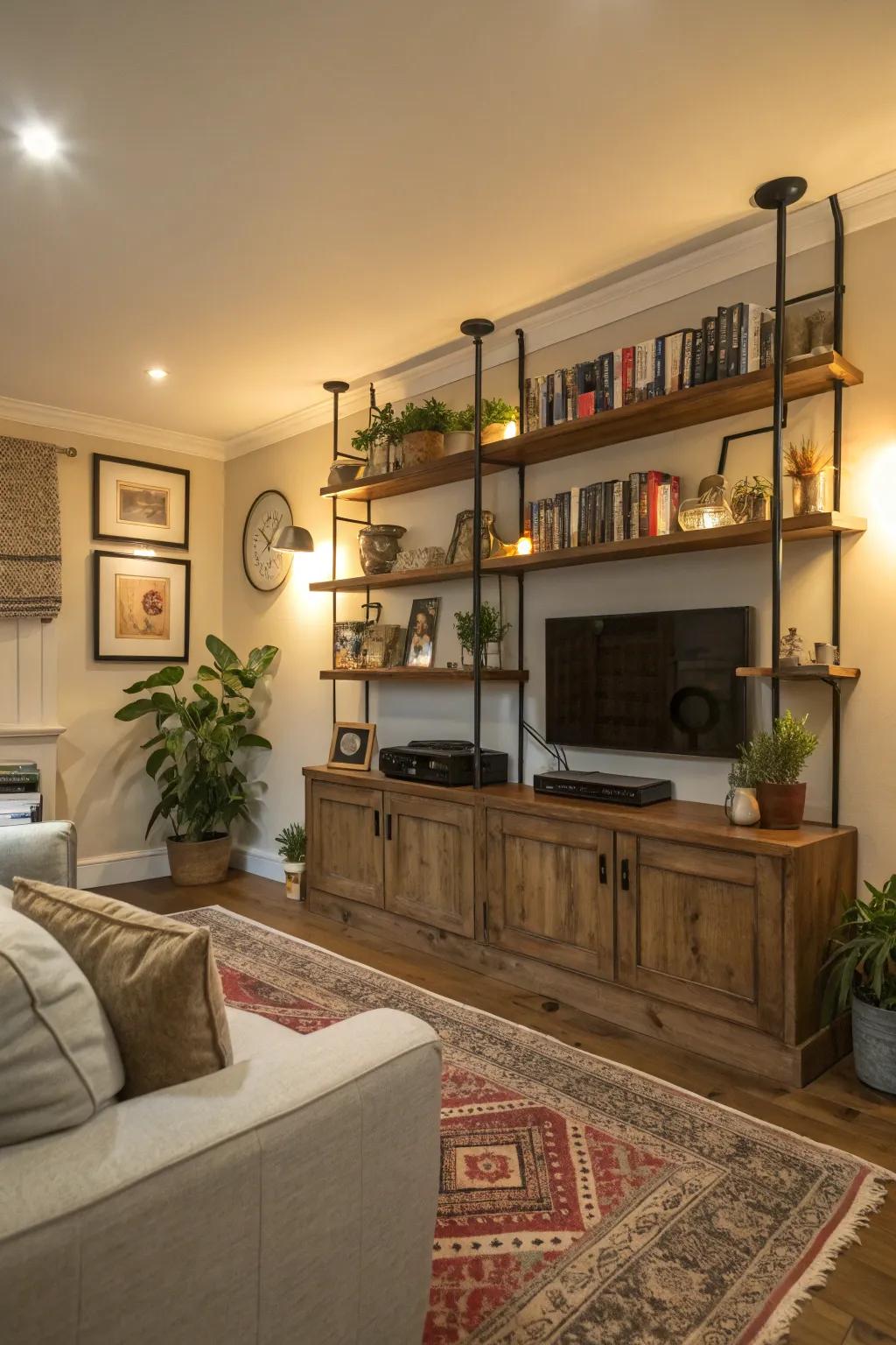 Shelf systems that conceal pipes while adding storage.