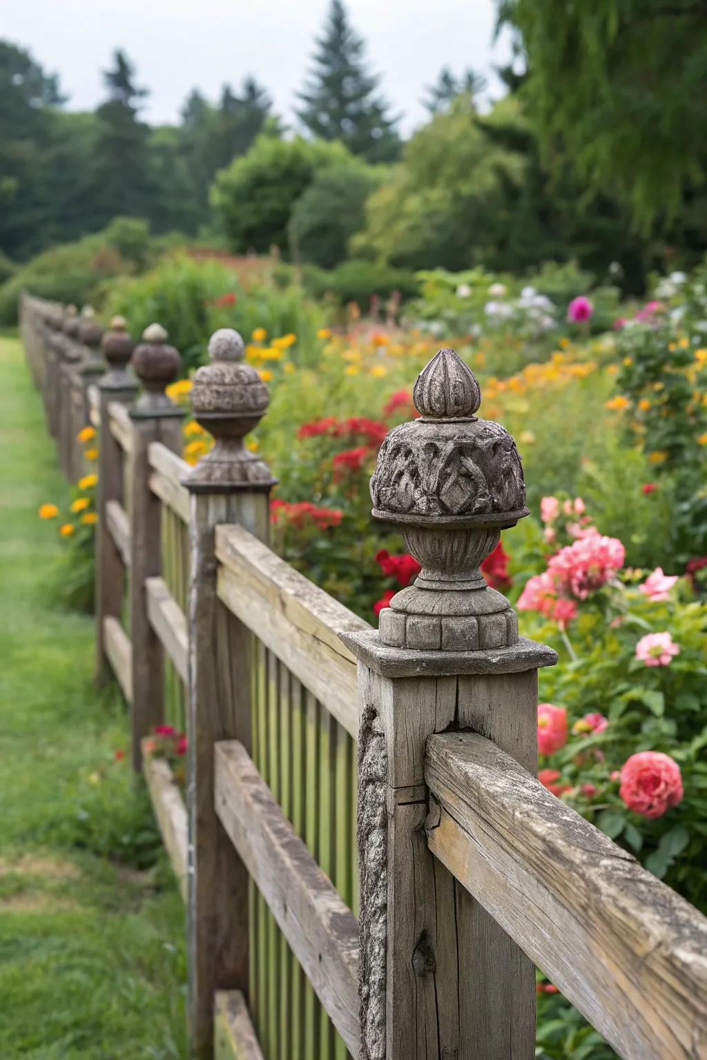 Ornamental pole tops refine fencing aesthetics.