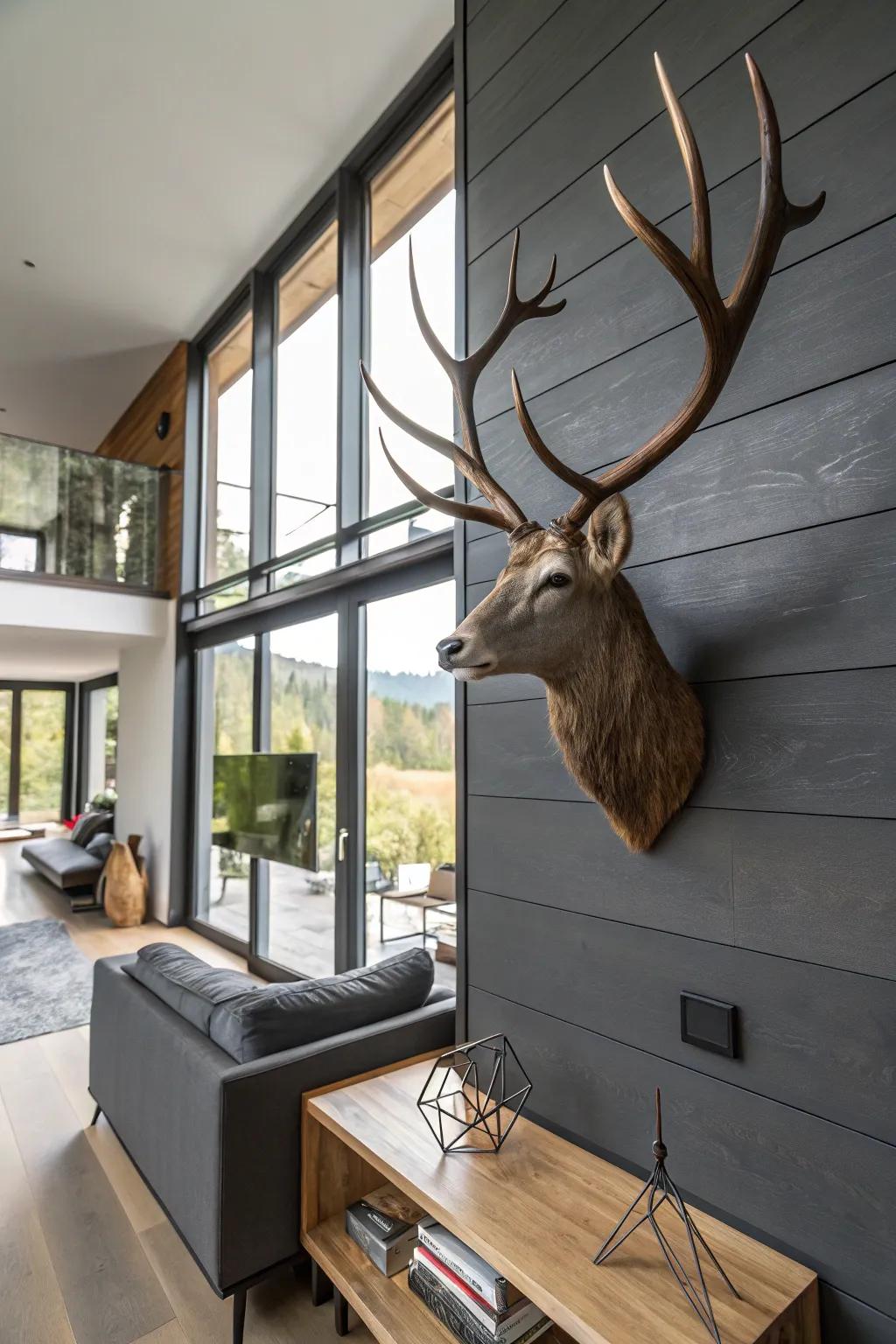 A stylish living area features a modern deer antler display made of wood and metal.
