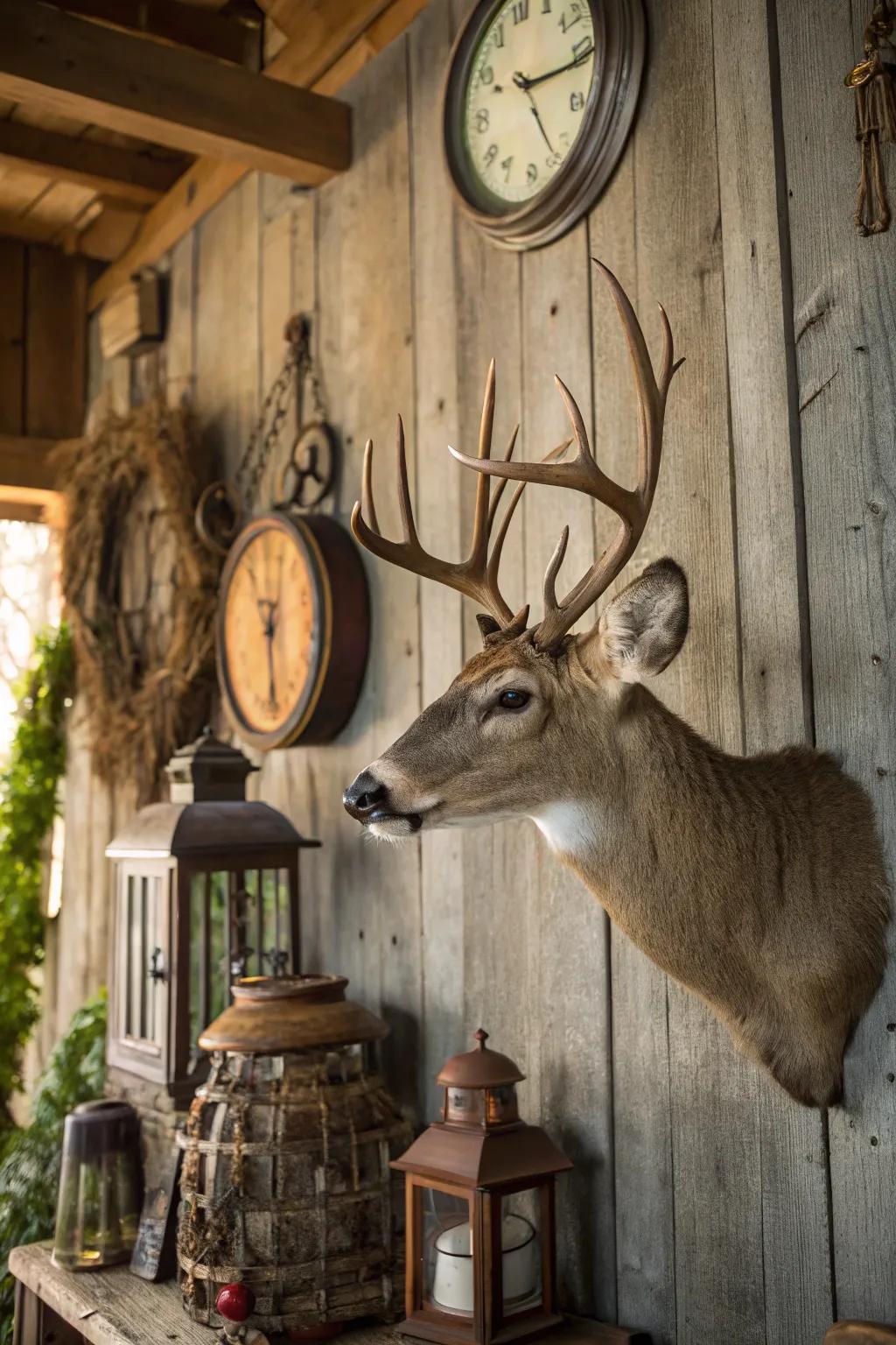 An animal head complemented by country reclaimed wood and vintage decor.