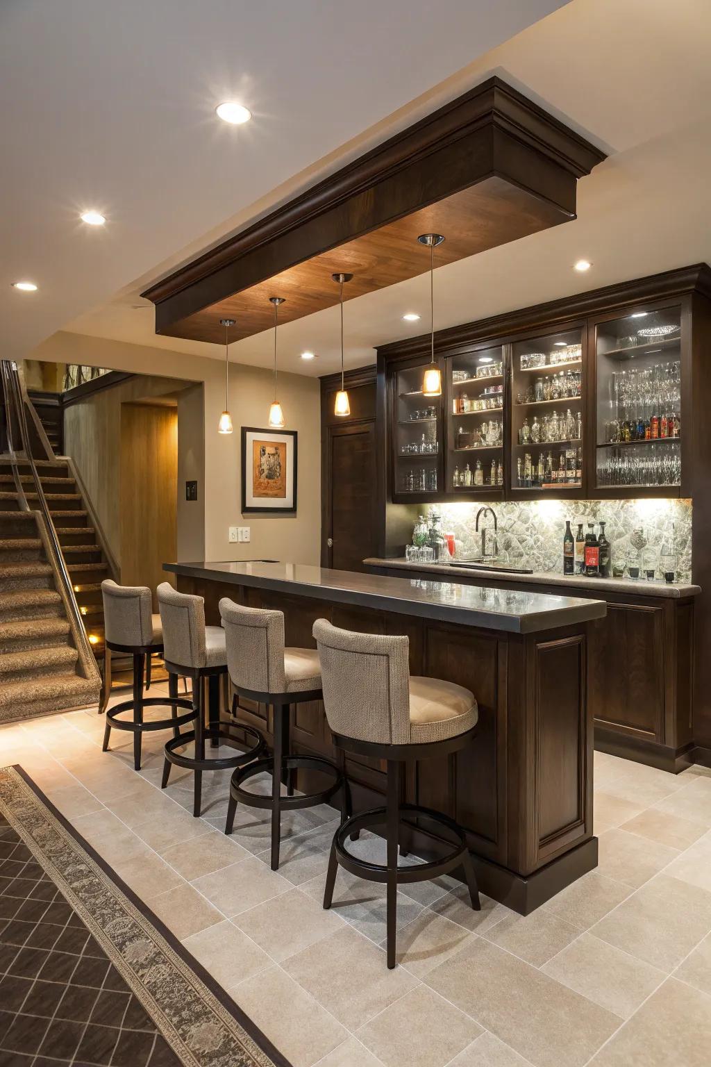 A den with a stylish home bar setup for entertaining guests.