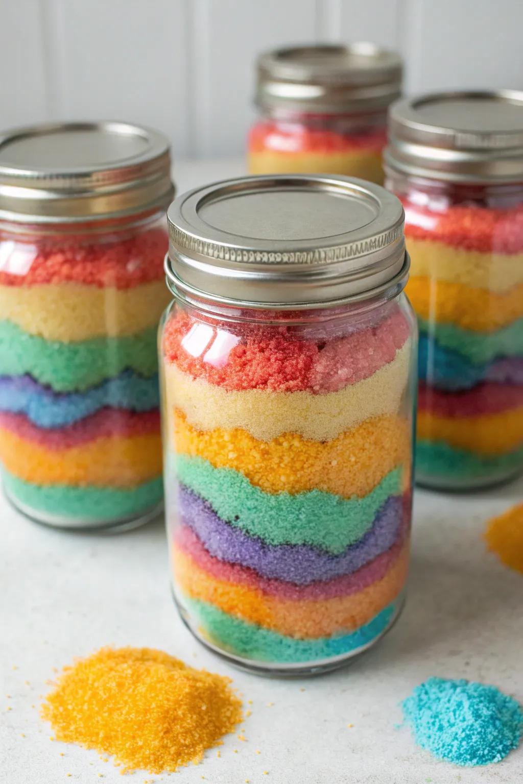 Vessels filled with layers of vibrant sugar to resemble sand art.