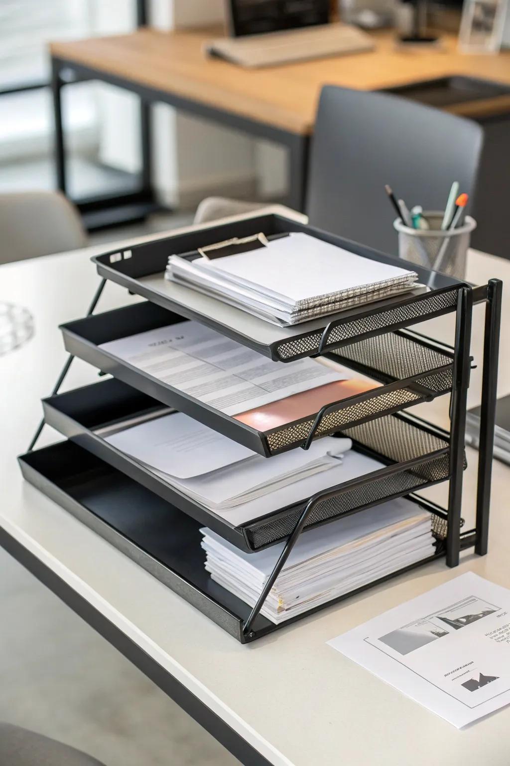 Tiered trays that create an orderly and accessible desk.