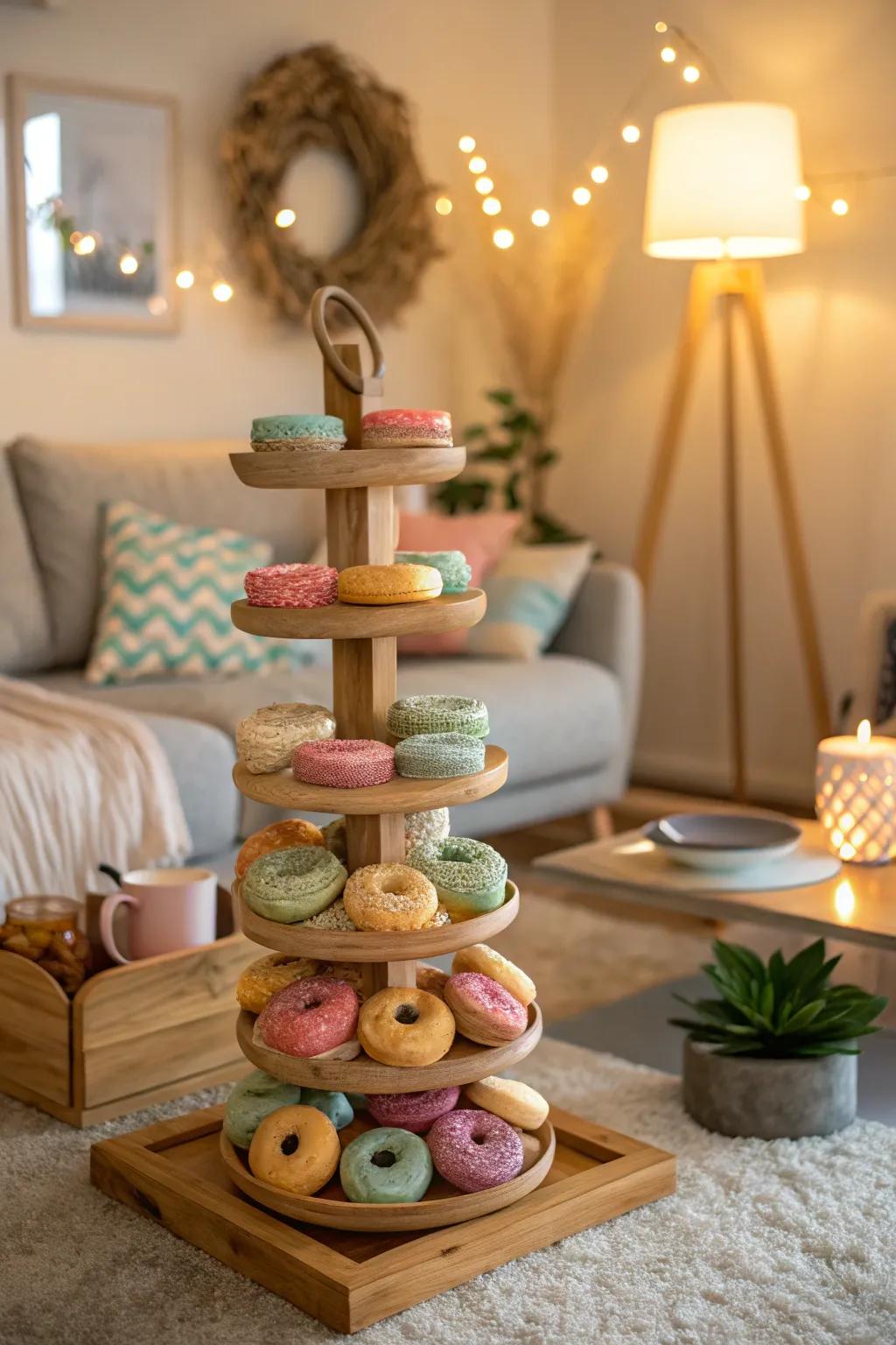 A delightful doughnut display that contributes color and enjoyment.