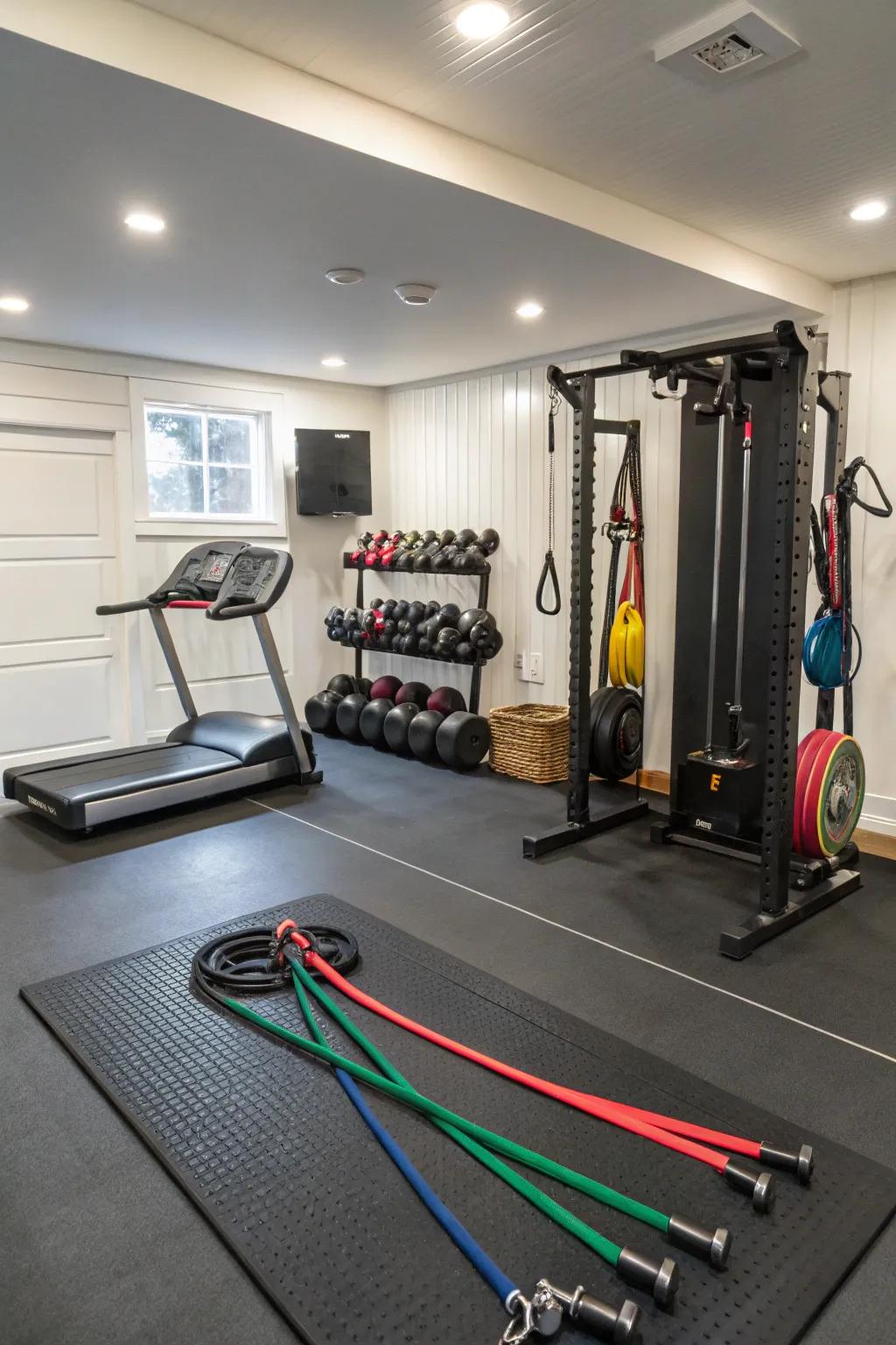 A home gym with practical rubber floor covering, ideal for different workouts.