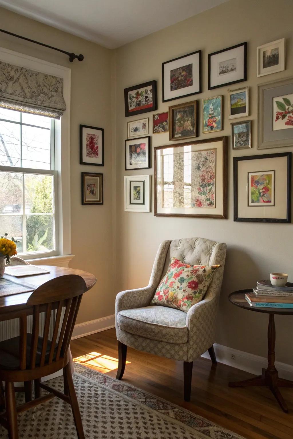 A wall display personalizes and enlivens the dining room corner.