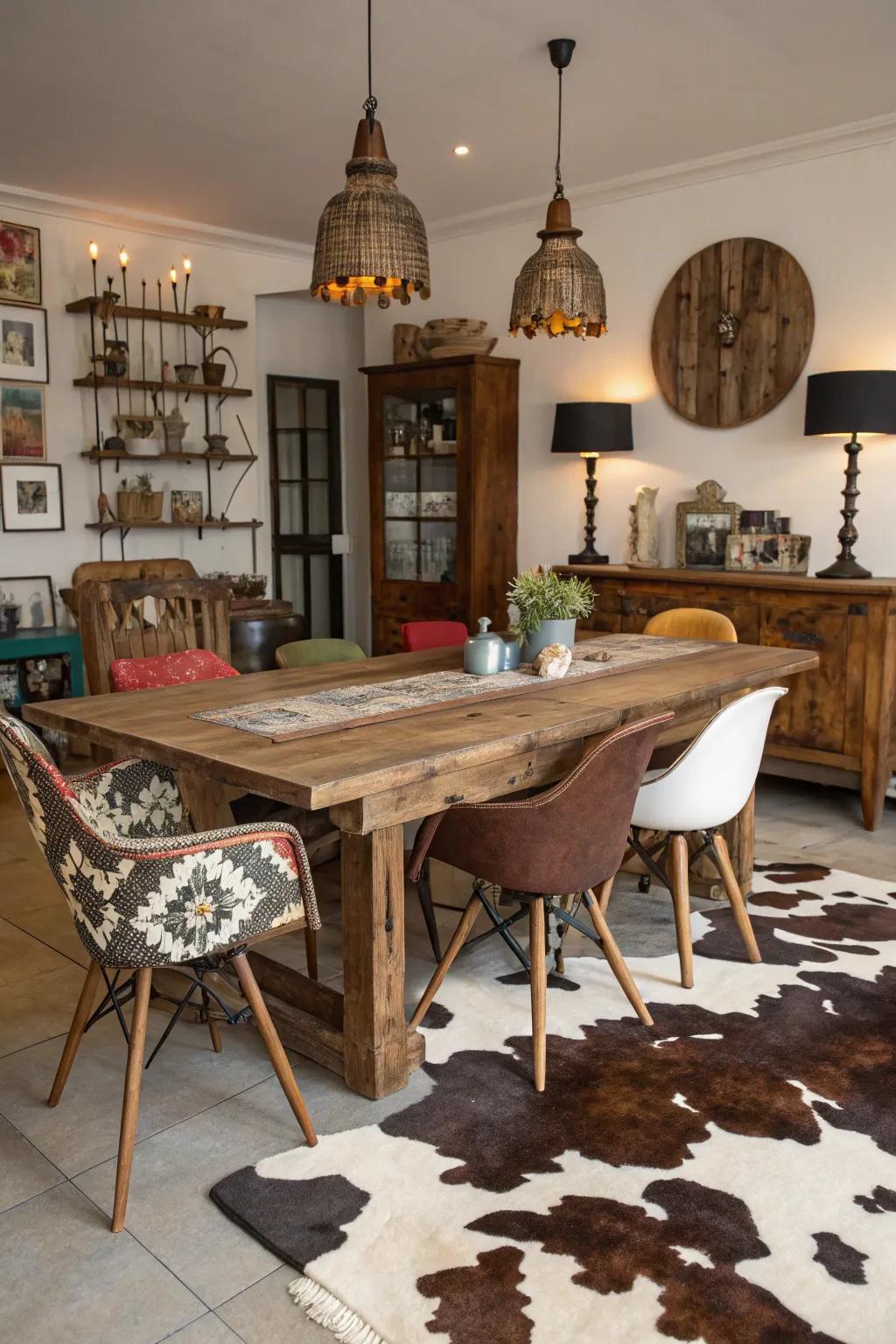 Introduce eclectic charm with a cowhide rug.
