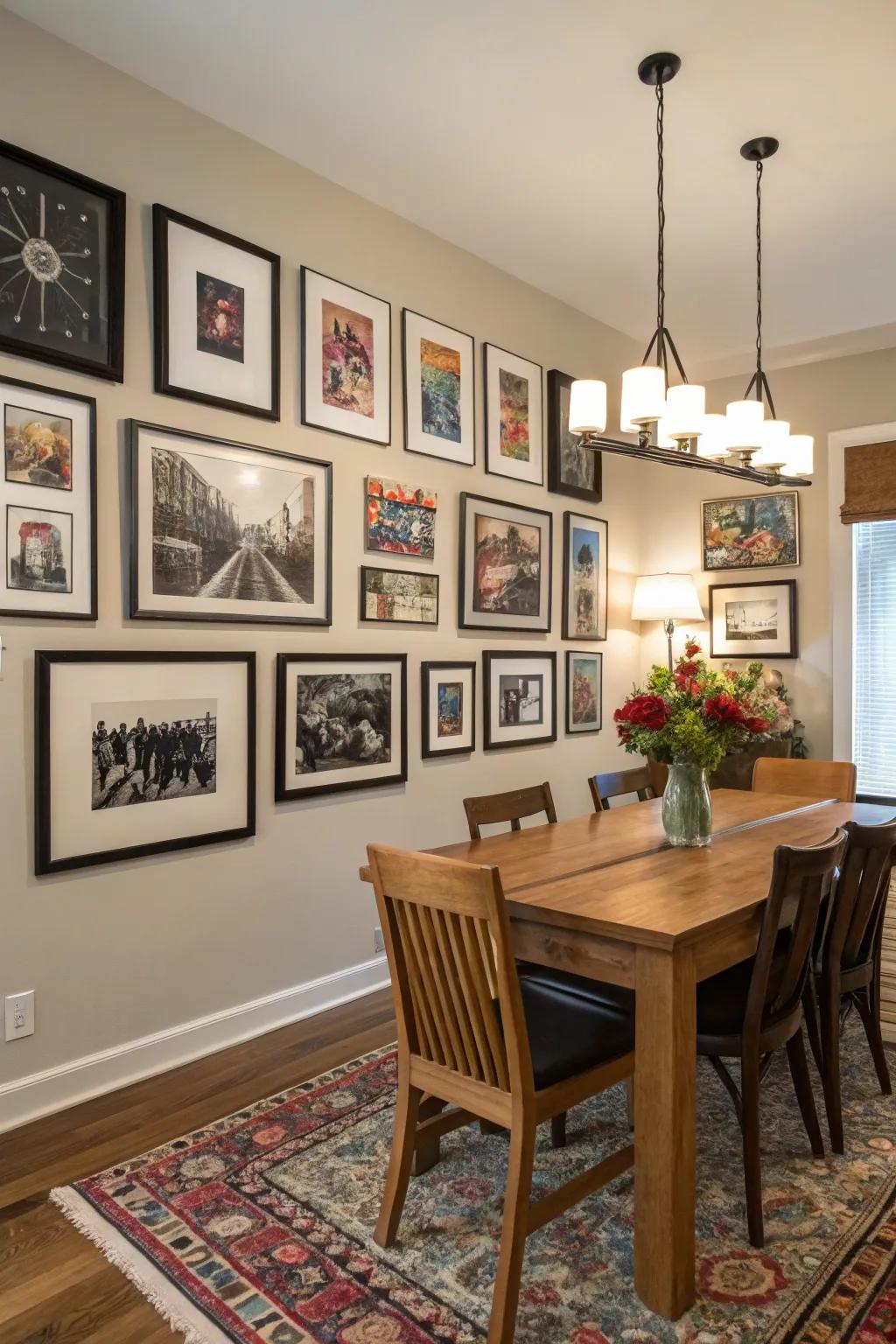 A theme wall adds warmth and character to the dining room.
