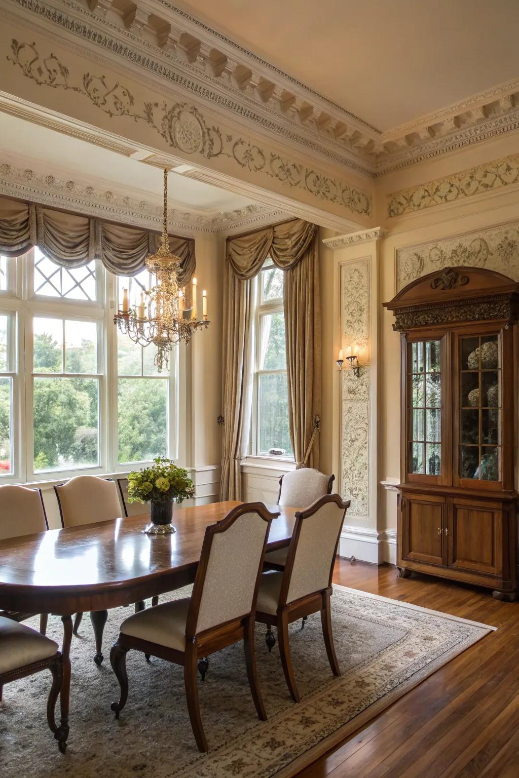 Architectural elements elevate the sophistication of your dining area windows.
