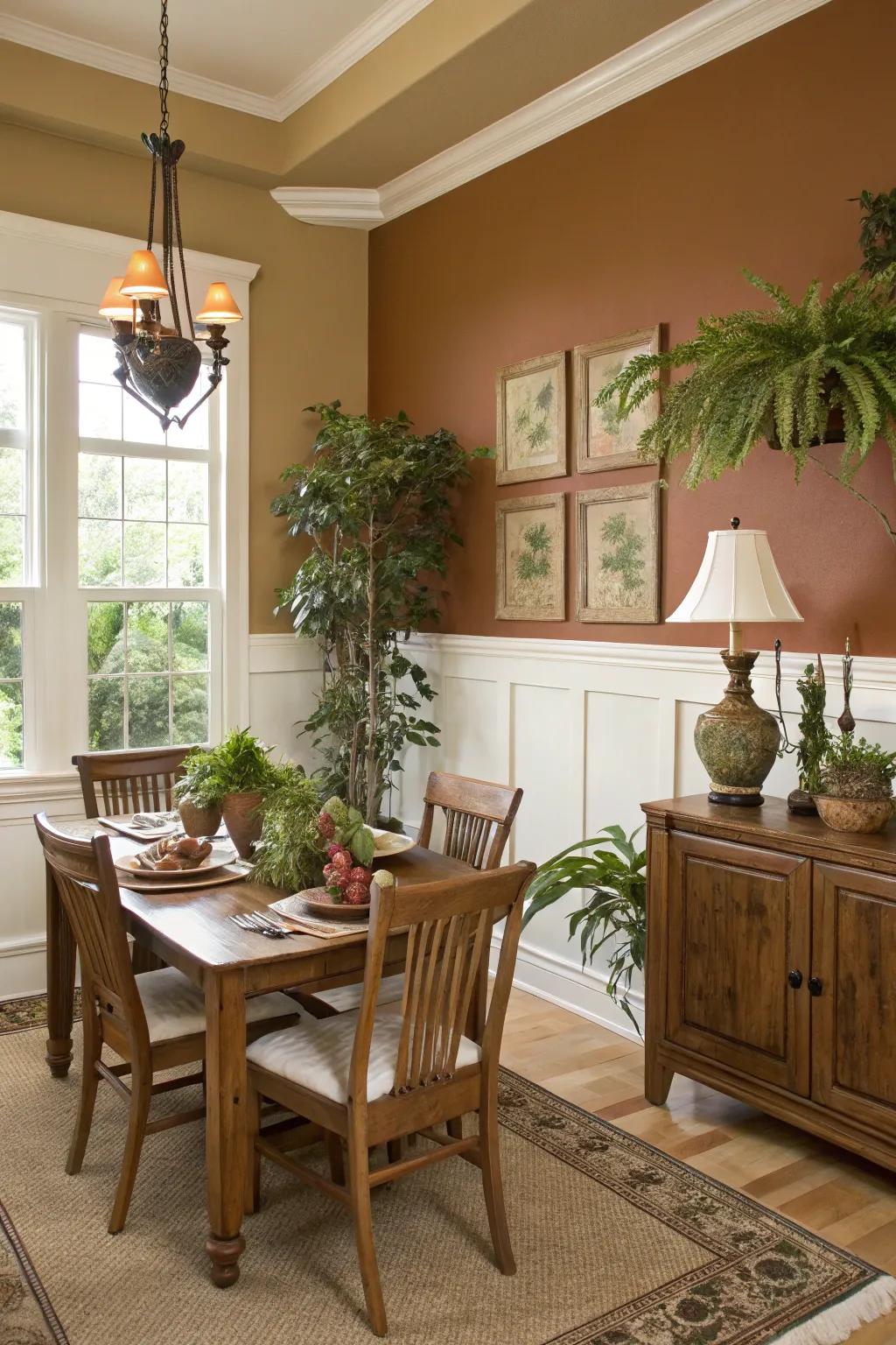 Earthy tones bring warmth and coziness to the dining room.