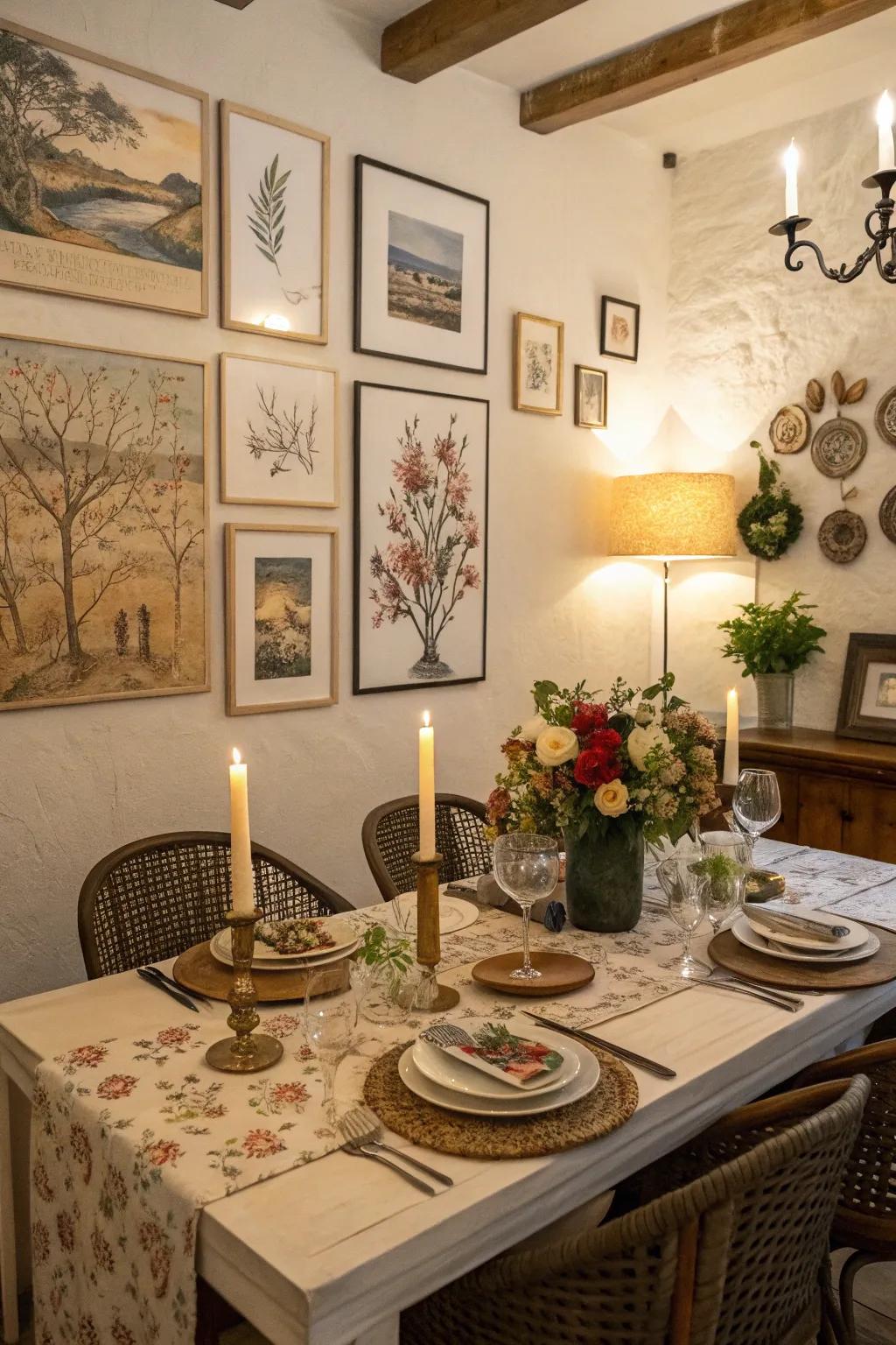 A dining area featuring wall art and ornamental items.