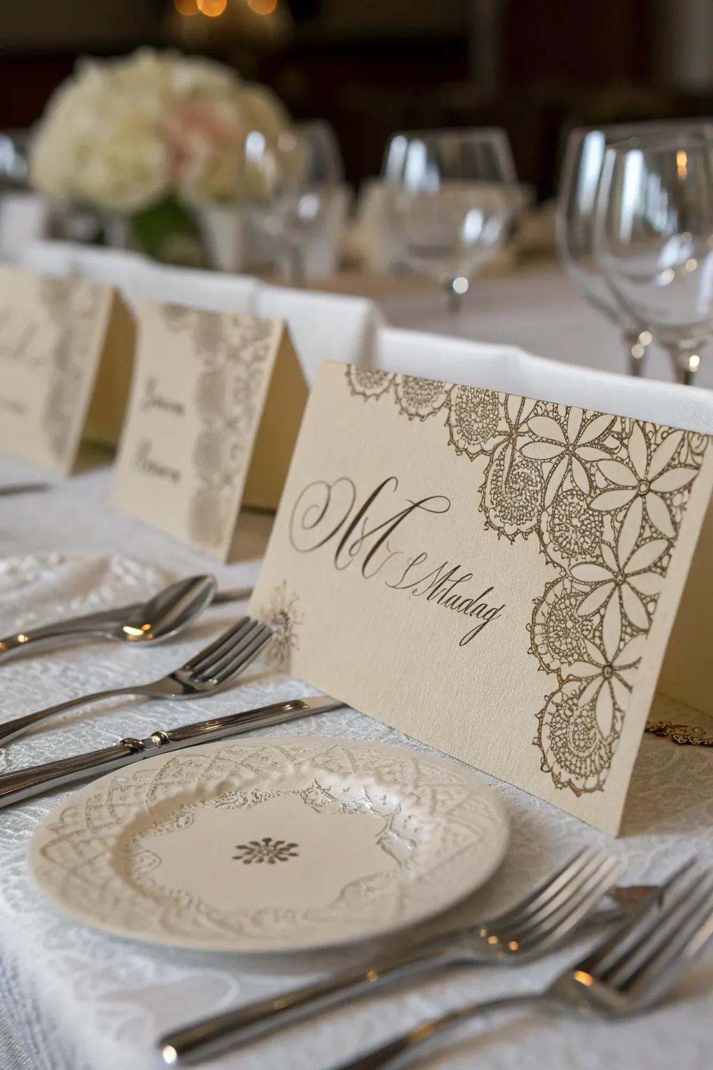 Patterned paper seating cards offer dimension to your table layout.
