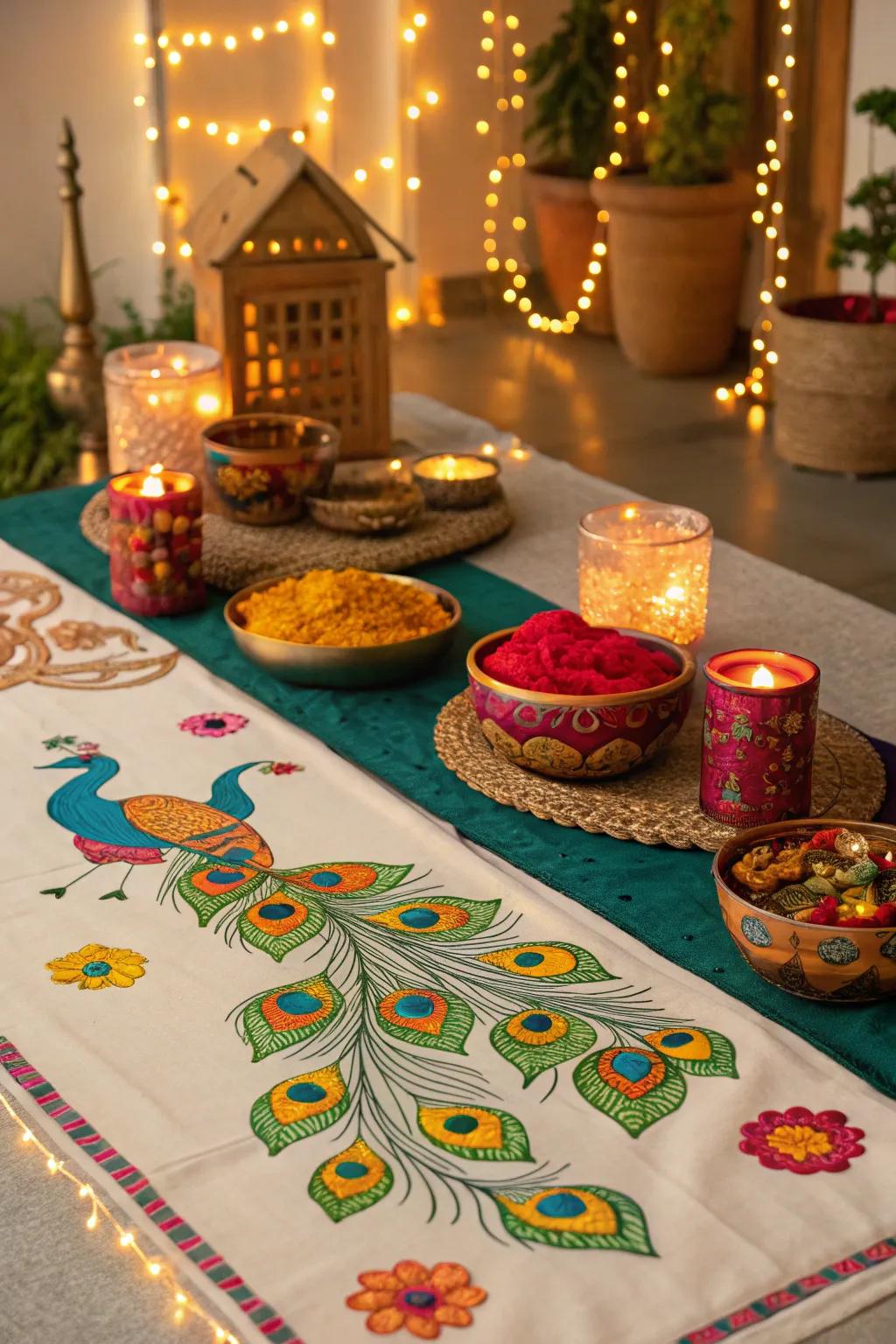 Cultural aspects such as peacock motifs add authenticity to the Diwali decor.