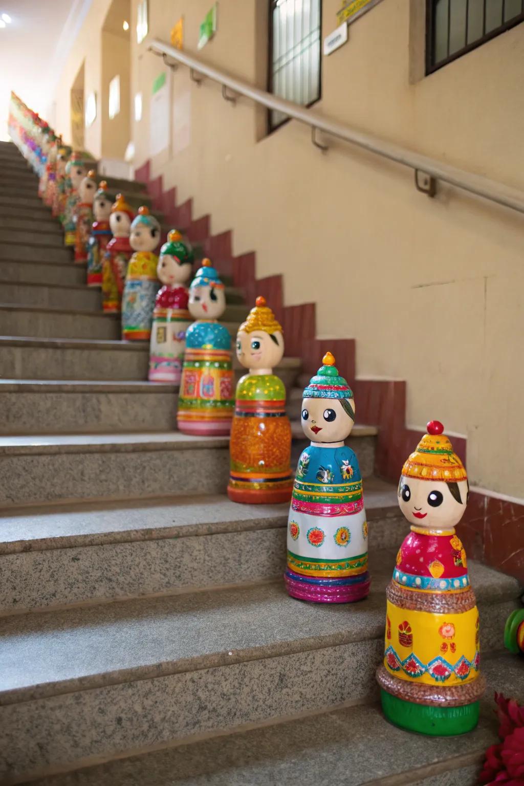 Upcycled plastic flasks transformed into exquisite Golu figurines.