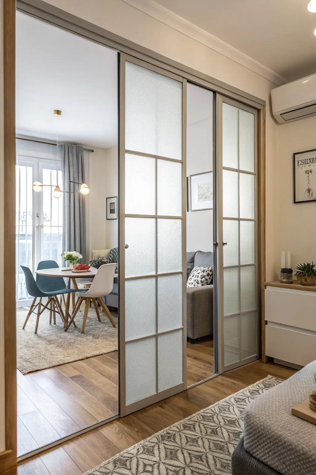 Frosted glass doors elegantly combine privacy and light flow in this studio apartment.