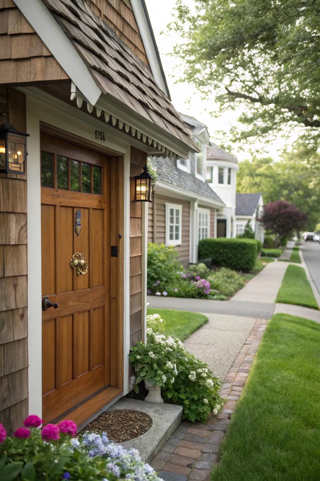 A front door with a charming tile awning in a traditional house setting.