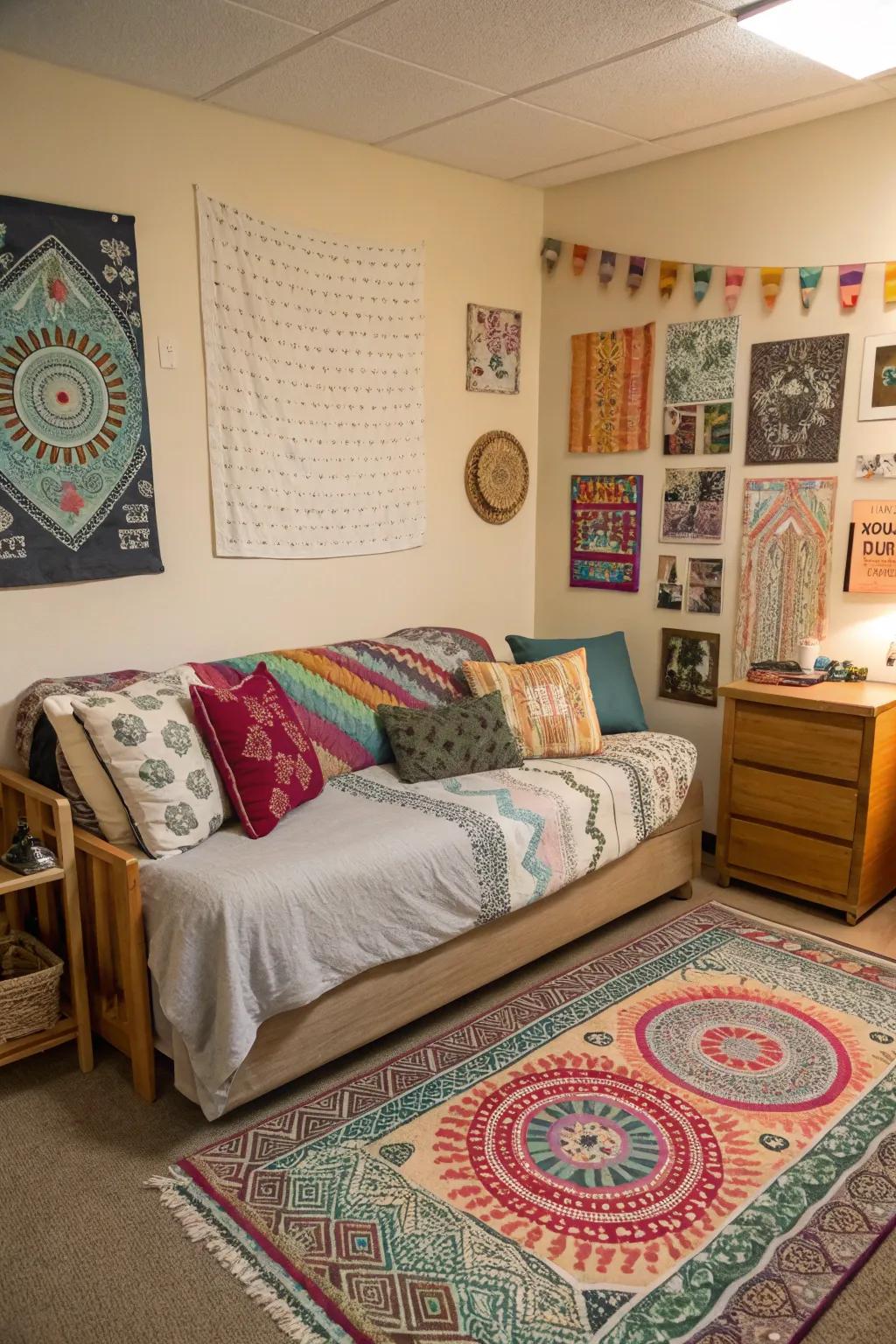 Layering textures creates a welcoming atmosphere in this dorm room.