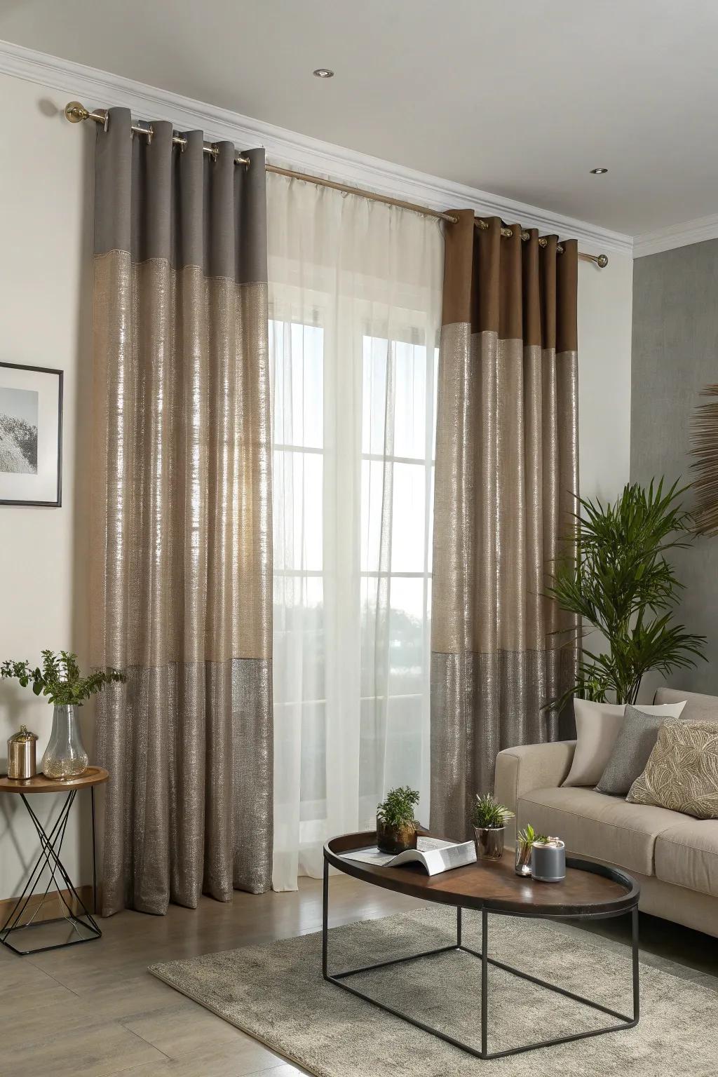 Metallic sheers give a modern, chic vibe to layered curtains.