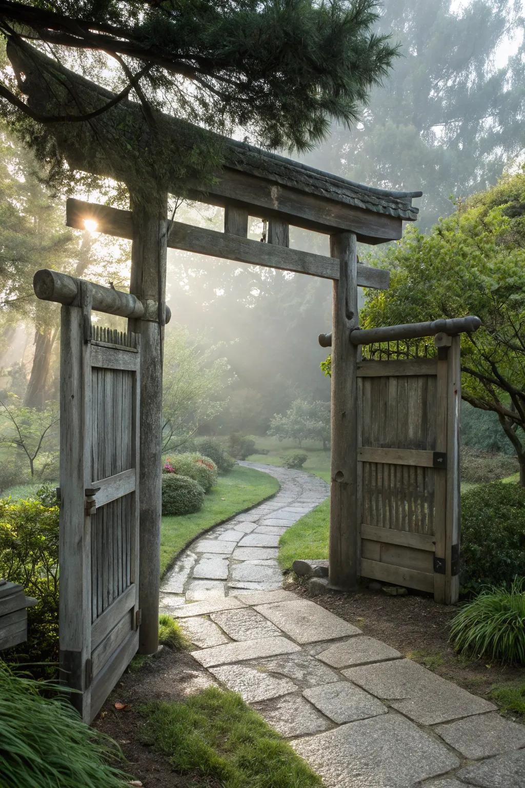 A Zen-inspired portal offers a serene entry to your garden.