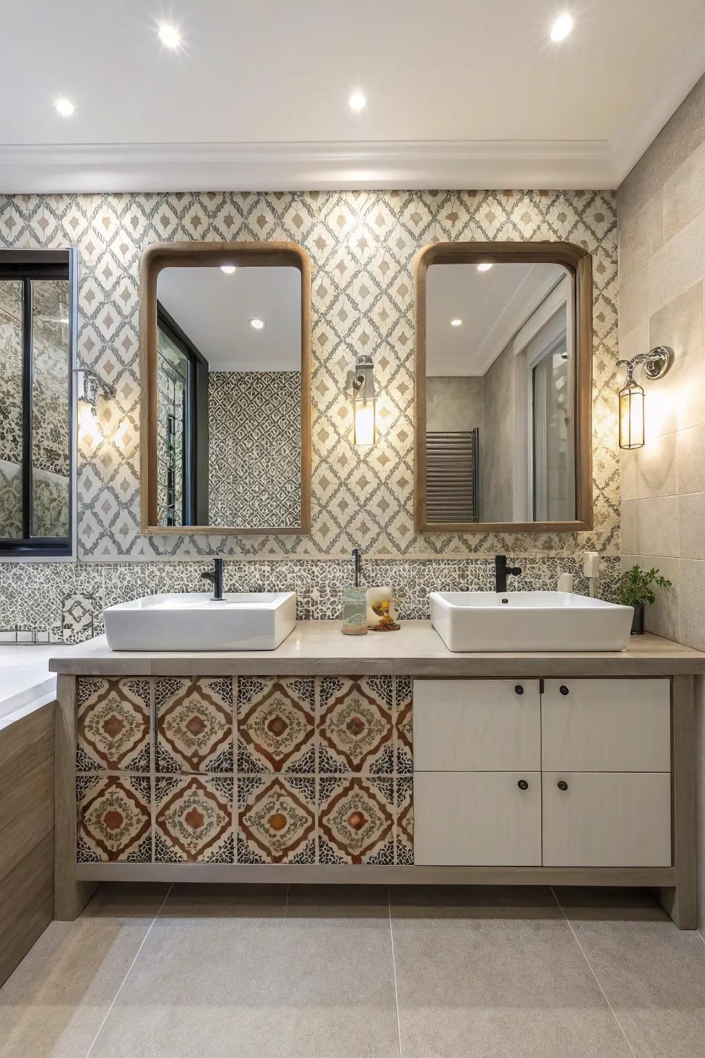 Textured walls and patterned tiles add visual interest.