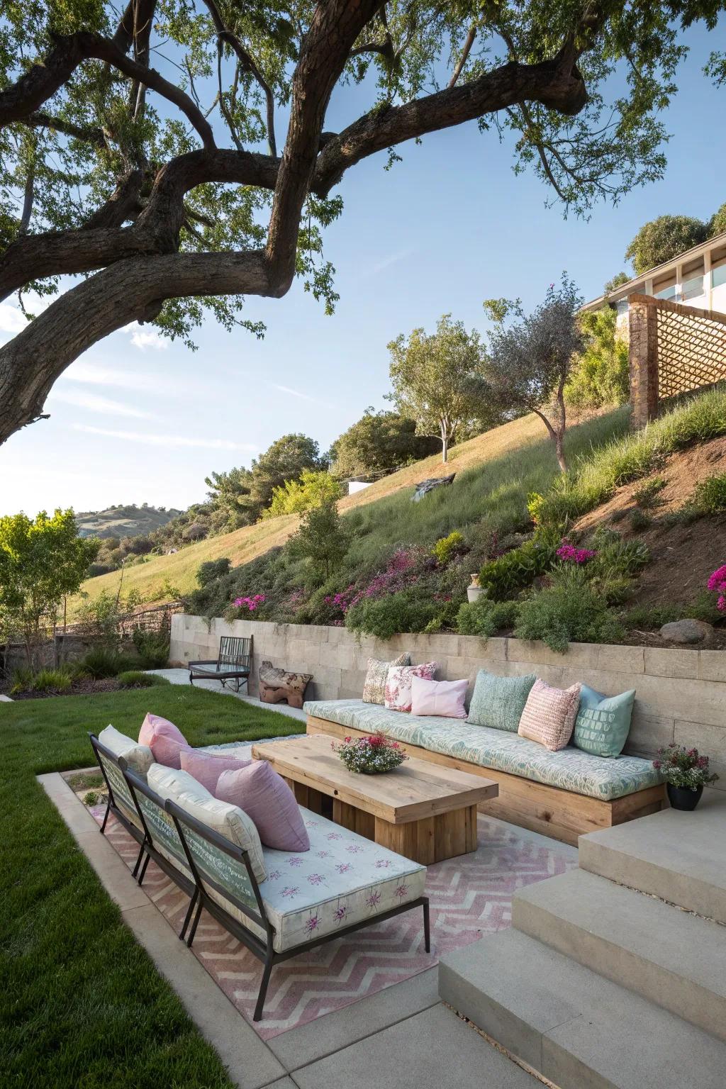 Comfortable seating spaces encourage you to cherish the splendor of your sloped garden.