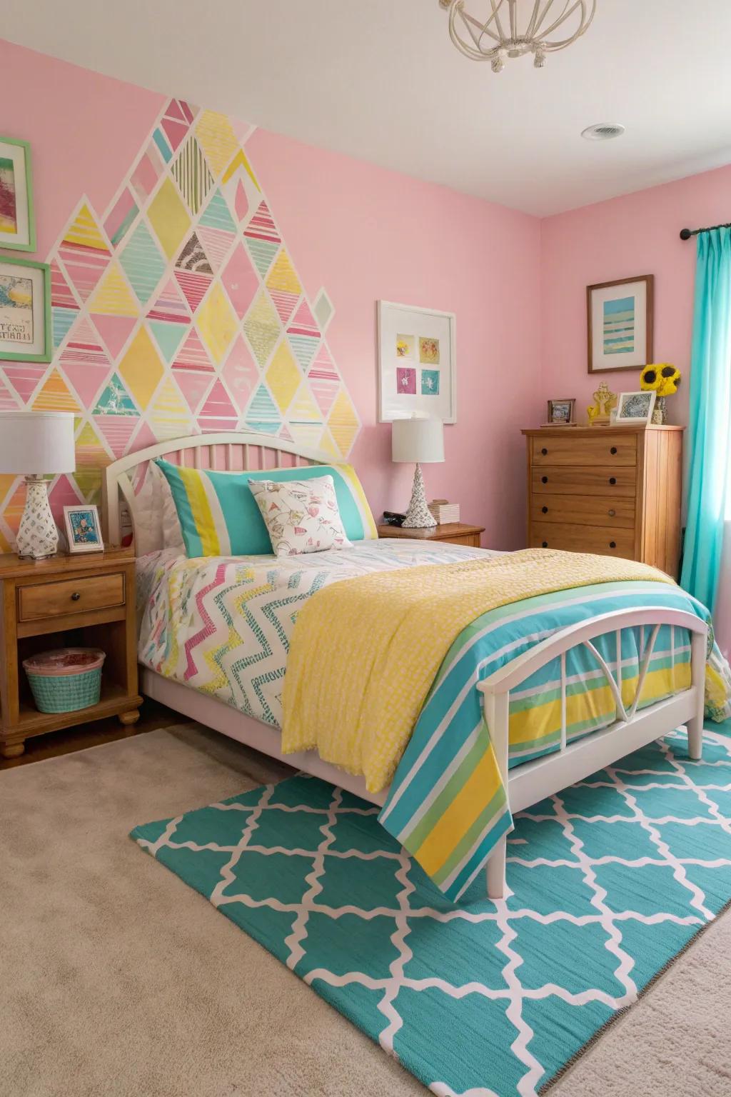 A bedroom featuring a vibrant color palette and coordinated decor.